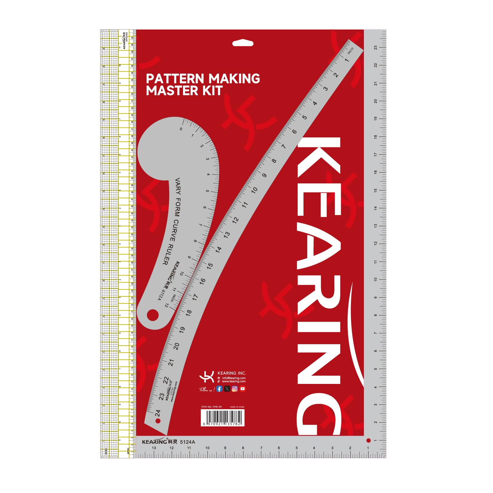 KEARING Inch Fashion Designer's Ruler Kit, French Curve Hip Curve L-Square Ruler, Light Aviation Aluminum, 2 x 24inch Quilting Tool