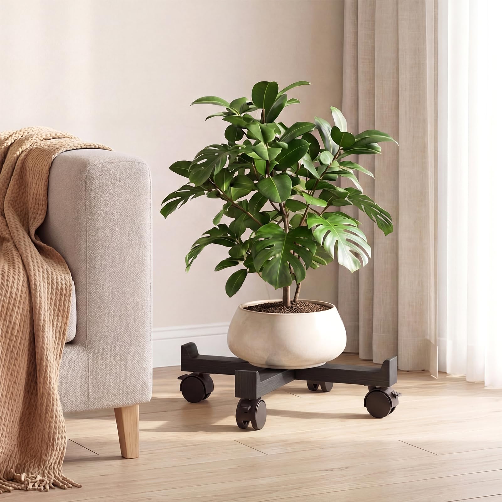 COSTWAY Set di 4 Sgabelli Impilabili 4 in 1, Sgabelli in Legno con Portavaso con Rotelle, 2 Grandi Ø36 cm e 2 Piccoli Ø35 cm, Tavolino Laterale Rotondo per Soggiorno e Camera da Letto (Nero)