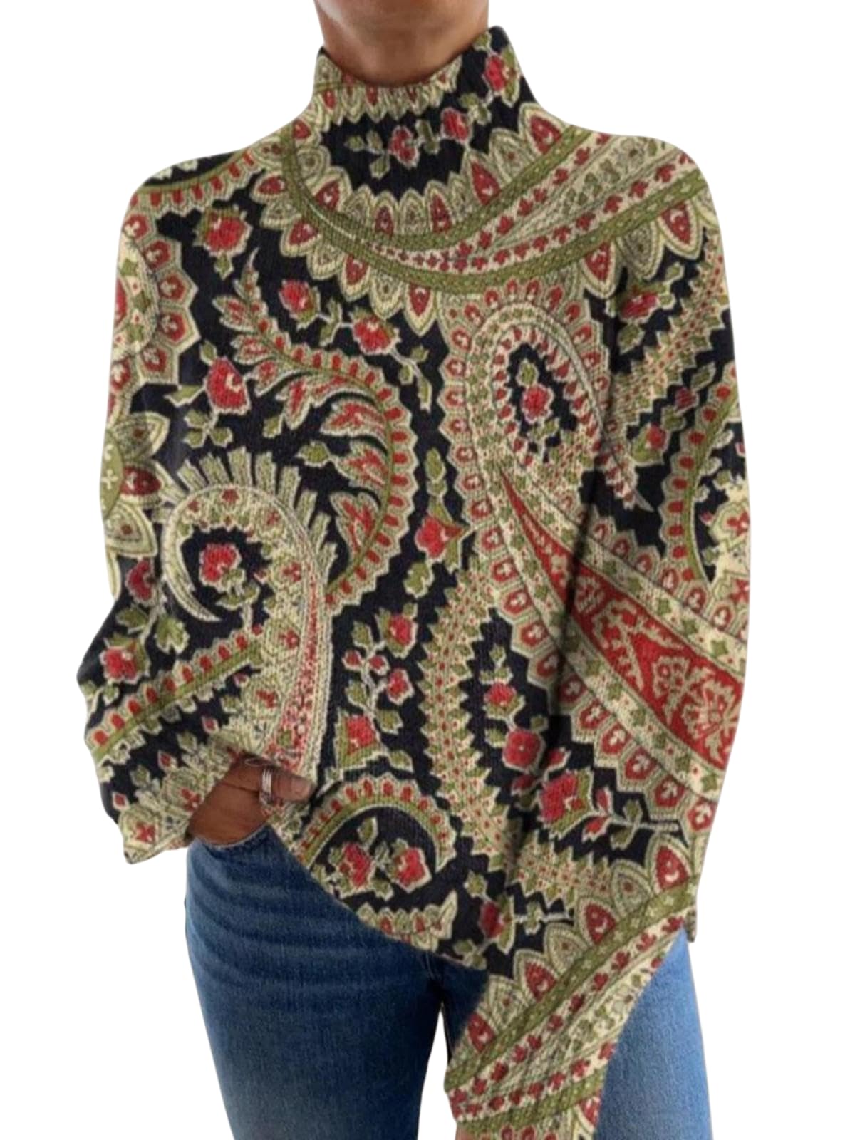 Womens Turtleneck Long Sleeve Floral Print Pullover Sweater Loose Fit Casual Warm Fall Winter Knit Tops