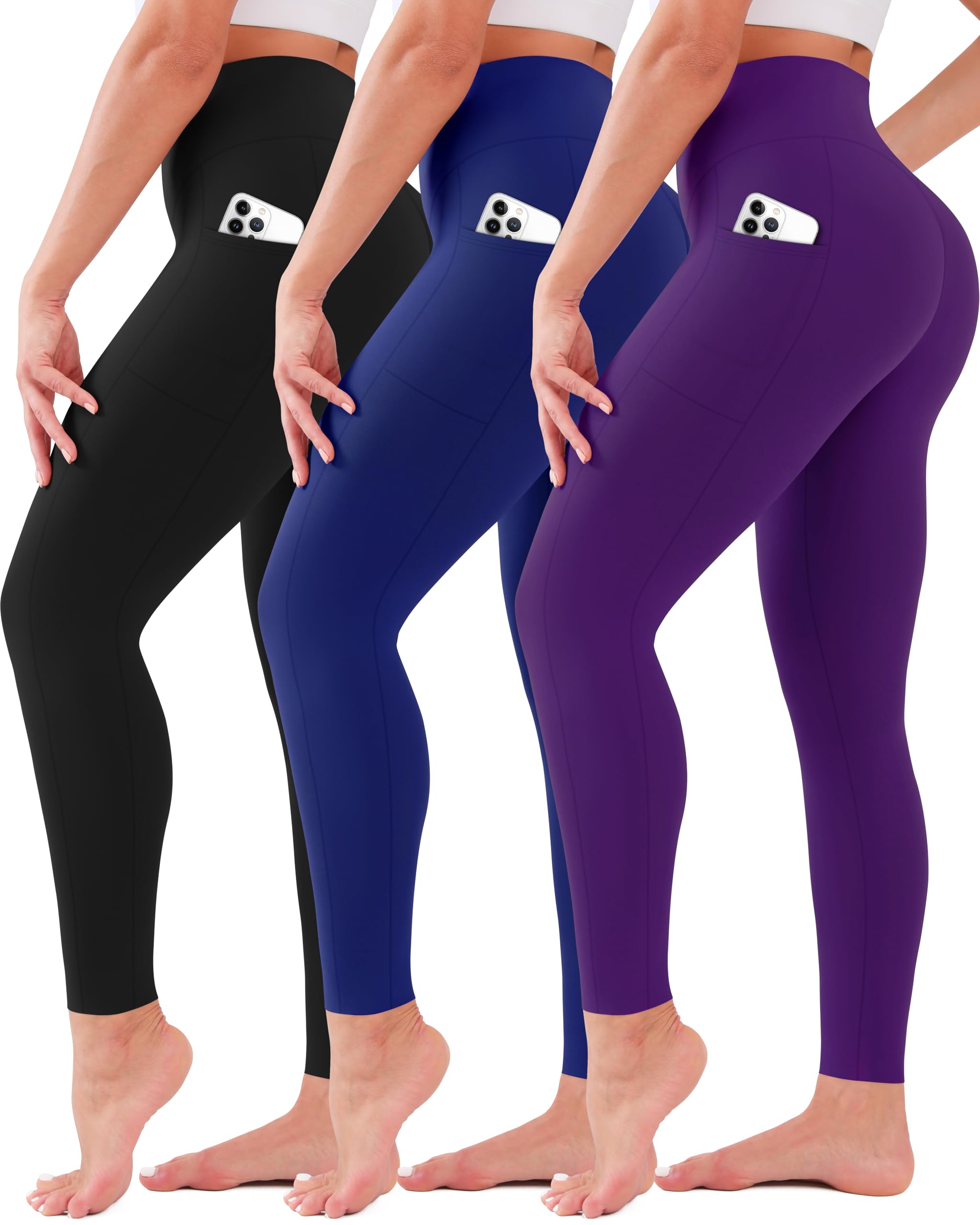 3 Pack Leggings with Pockets for Women High Waisted Tummy Control Soft Yoga Pants Womens Workout Gym Leggings