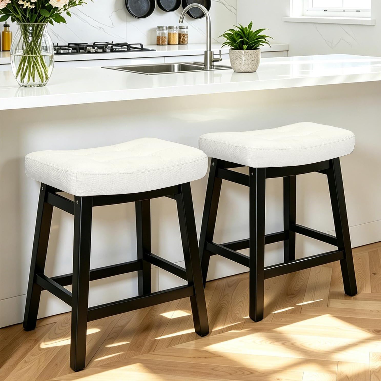 RNKSFX Cream & Black Fabric Saddle Stools
