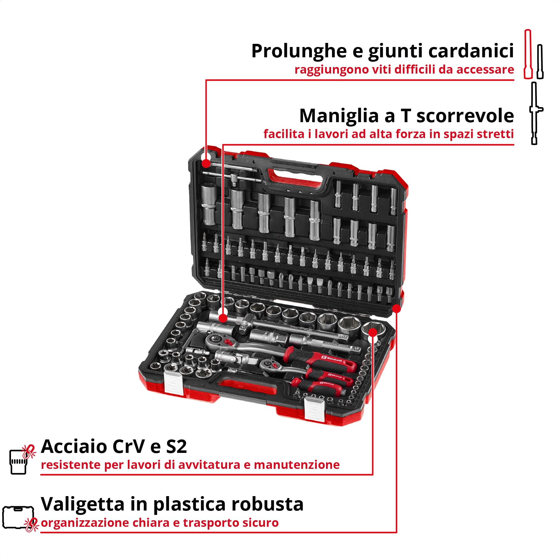 Einhell 110 pezzi set di bussole e cricchetto | Set di bussole | cricchetti | assortimento di inserti | impugnatura per cacciavite | chiavi esagonali | valigetta inclusa