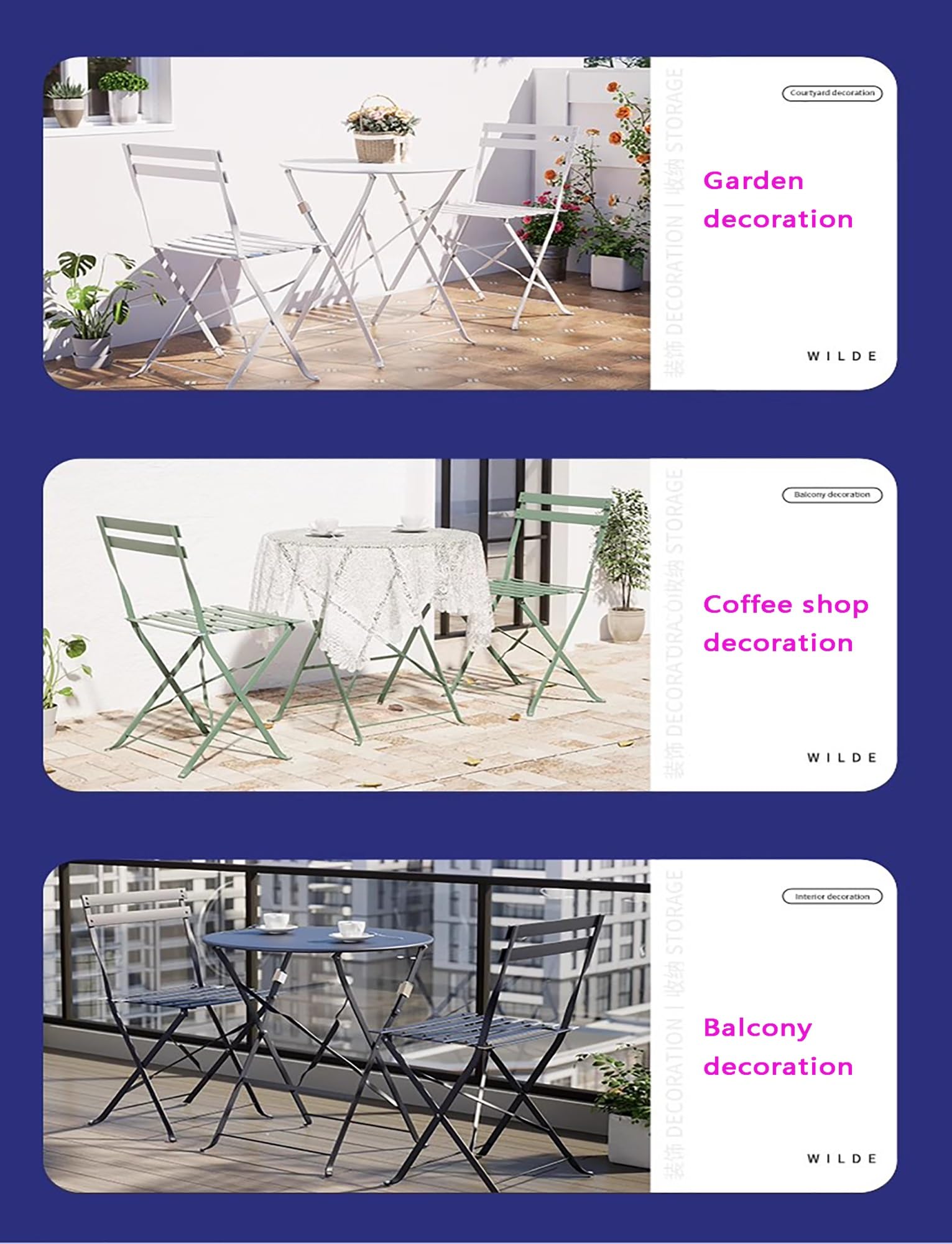 Generico Set da bistrot da giardino, set da bistrot pieghevole da 3 pezzi, tavolo e sedie da esterno, sedie da tavolo da giardino for balcone, cortile, giardino(Powder blue)