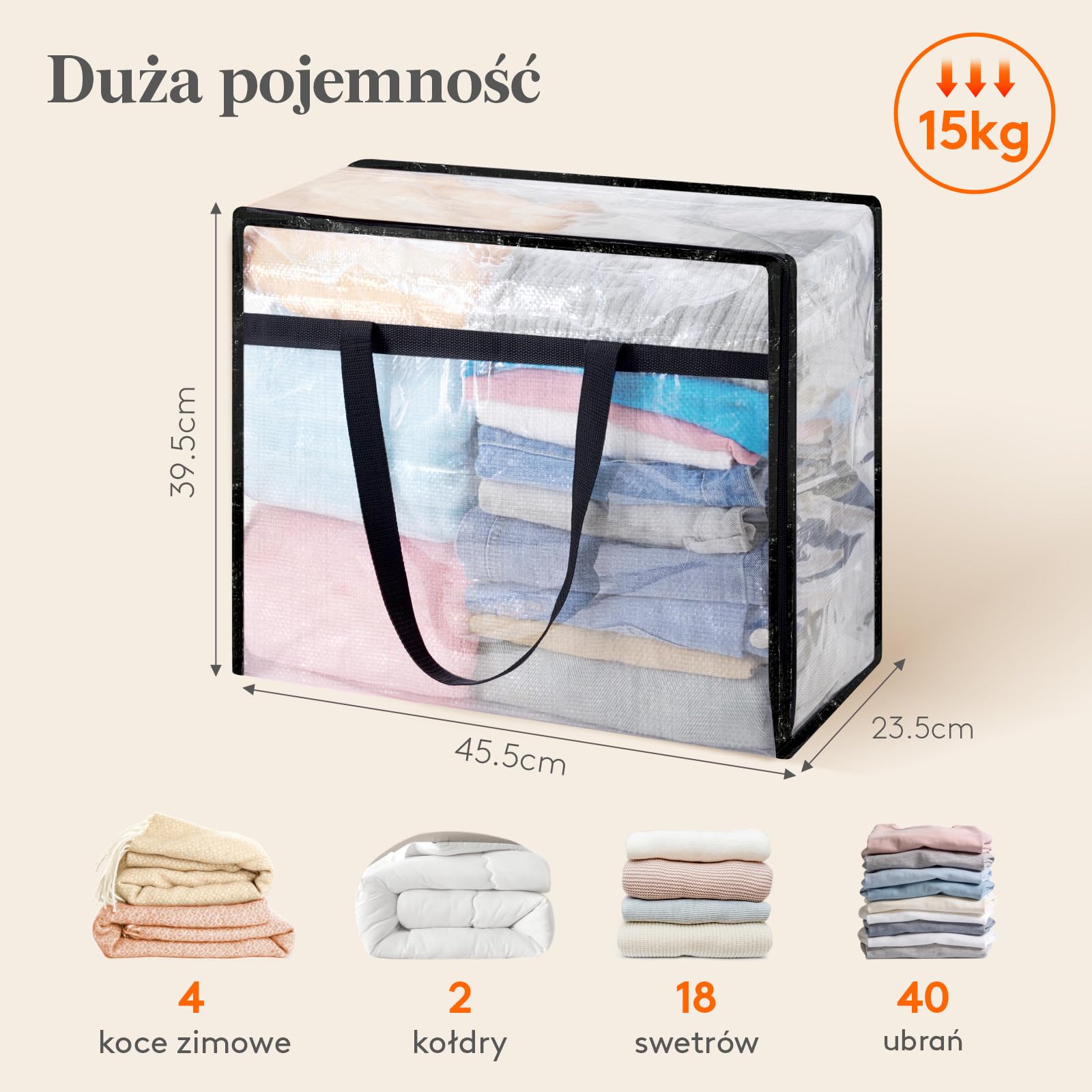 Lifewit Torby do Przechowywania Ubrań 40L, Pojemniki PP Wytrzymałe, Przezroczysta Torba na Ubrania z Uchwytem, Składany Organizer do Szafy na Przeprowadzkę, Kołdry, Koce i Zabawki, Zestaw 3
