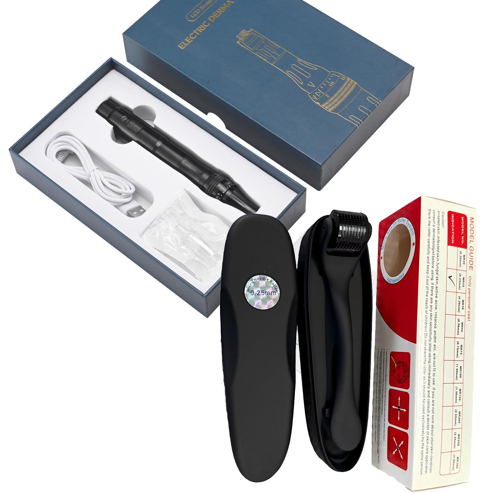 2IN1 Face Derma Rmaroller Rmapen +12Parts Titanium Facial Skin Face Body for Men Women Cosmetic Beauty Instrument #Roller+Pen(Black 2)