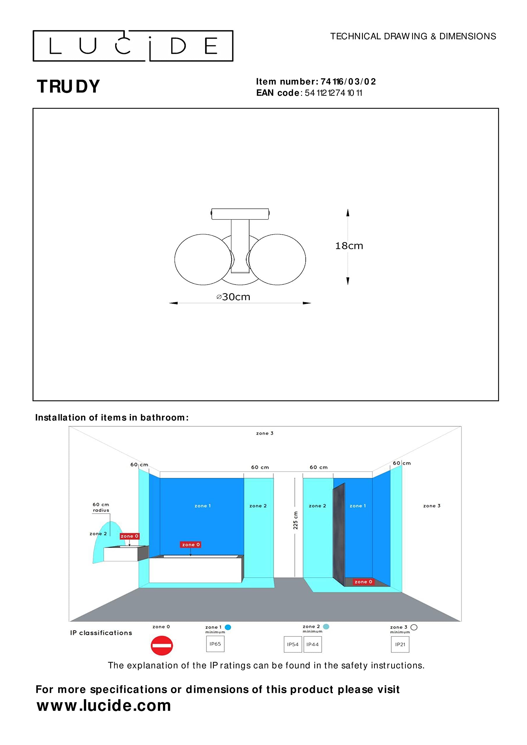 LUCIDE TRUDY - Plafonnier Salle de bains - Ø 28 cm - 3xG9 - IP44 - Or Mat/Laiton