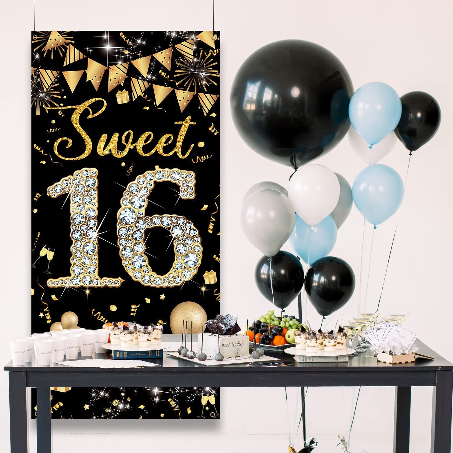 Sweet 16 Birthday Decorations Door Banner, Black Gold Happy Sweet 16
