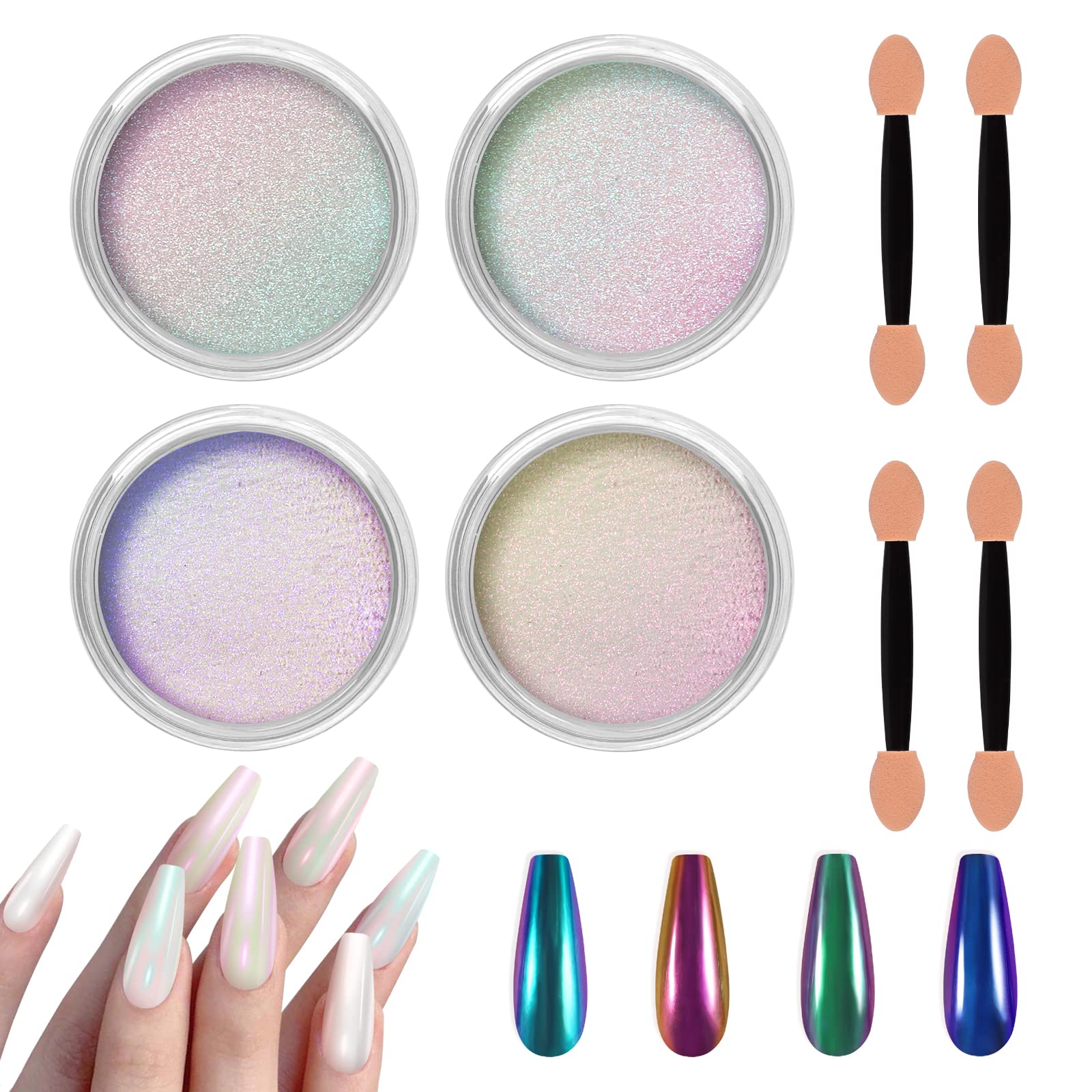 Allstarry White Chrome Nail Powder, 4 PCS Color-Shift Chameleon Chrome Effect Powder Neon Aurora Glitter Dust Iridescent Pearlescent Pearl Pigment for Nail Art Decoration, Gel Polish, Resin Craft