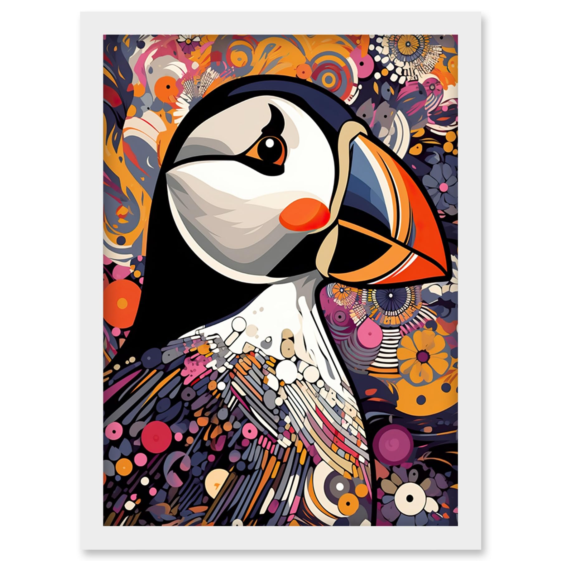 Artery8 Puffin Bird Geometric Patterns Colourful Busy Bright Psychedelic Modern Maximalist Artwork Framed Wall Art Print A4