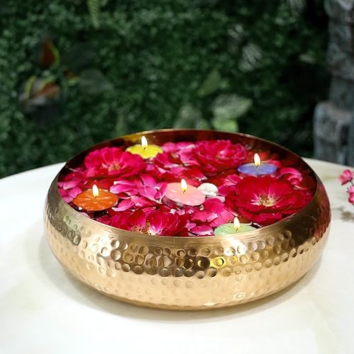 Miniatura 7 de SATVIK - Urli decorativo de cobre con patrón martillado de 9.5 pulgadas para velas flotantes, velas de té, flores, cuenco hecho a mano, festivo,