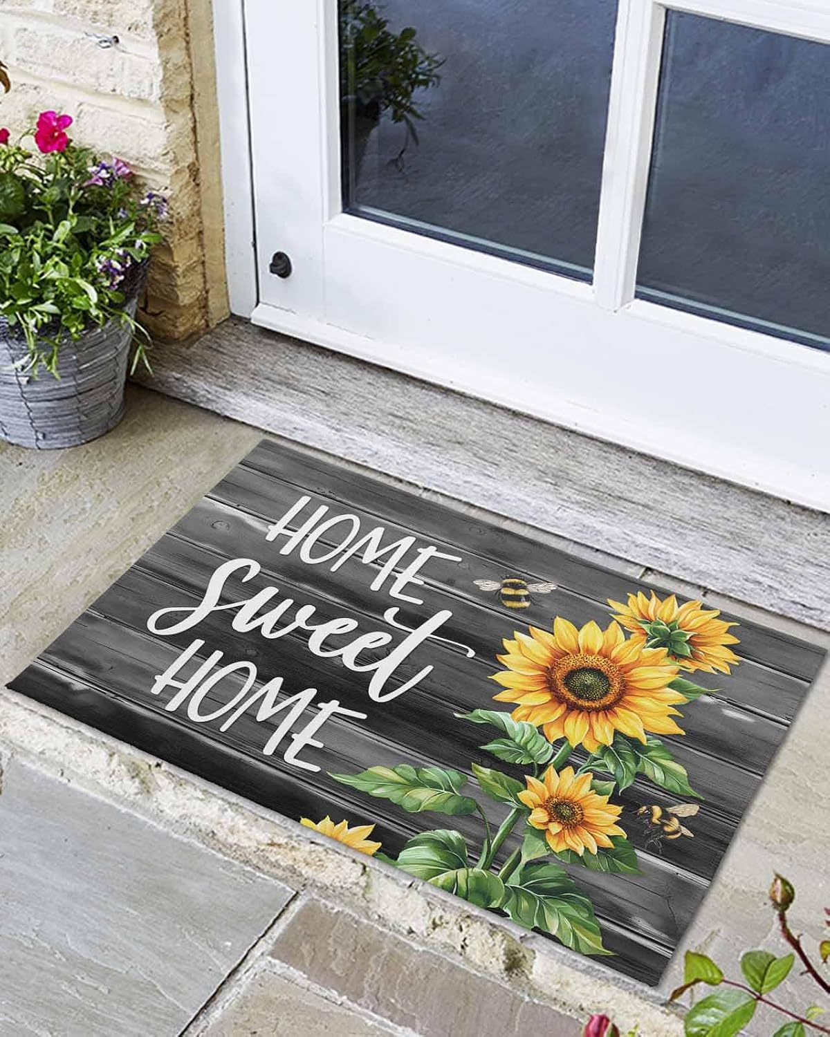 Door Mat,Farm Sunflower Bee Sweet Home Text Absorbent Indoor Outdoor Doormat Non-Slip Entrance Rug for Front Door Backyards Patio High-Traffic Areas Vintage Black Grey Wood