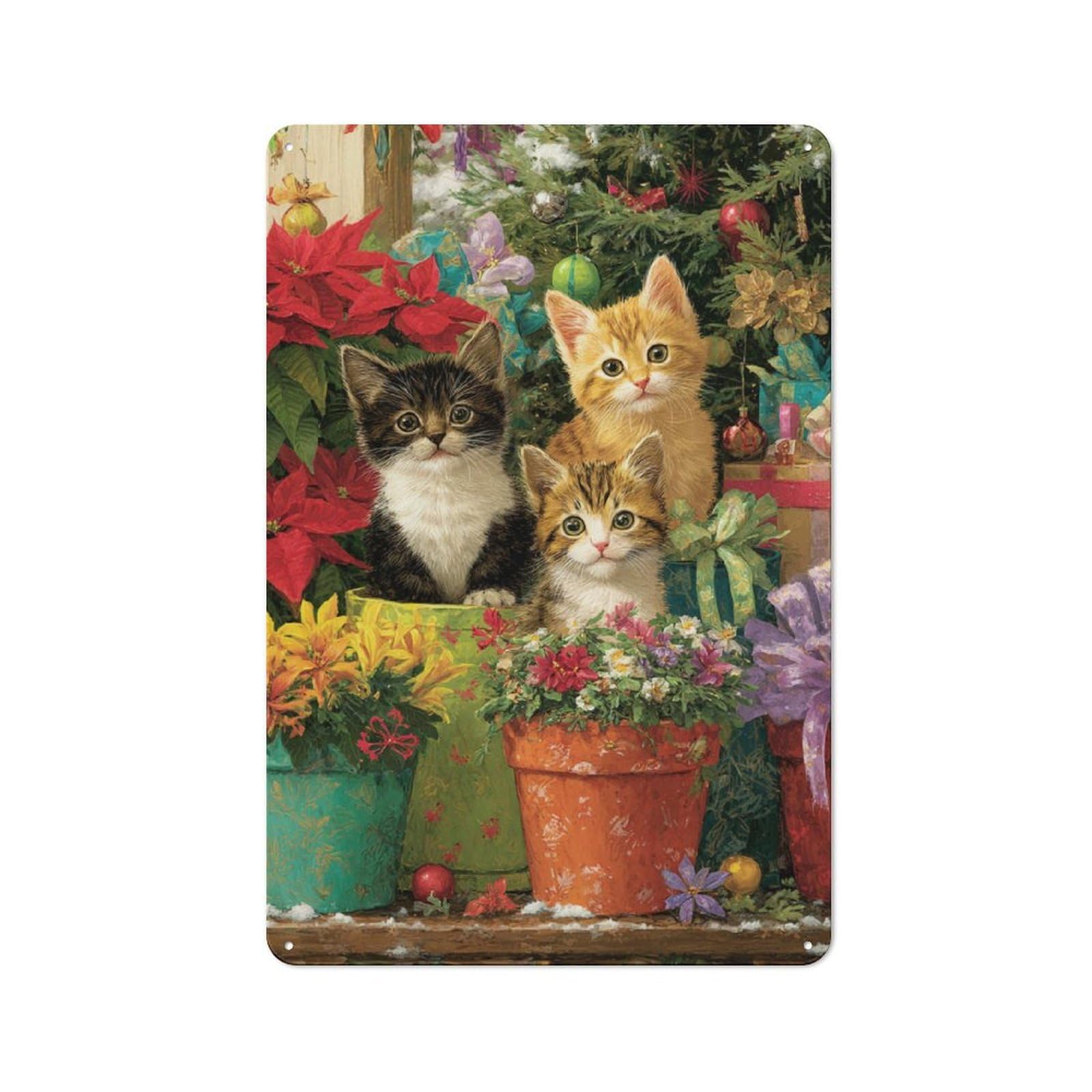 Junmoney Kittens By The Christmas Tree Metal Plaque 30X20cm With For Garage Wall, Retro Decor, For Themed Interiors In Garages And Workshops