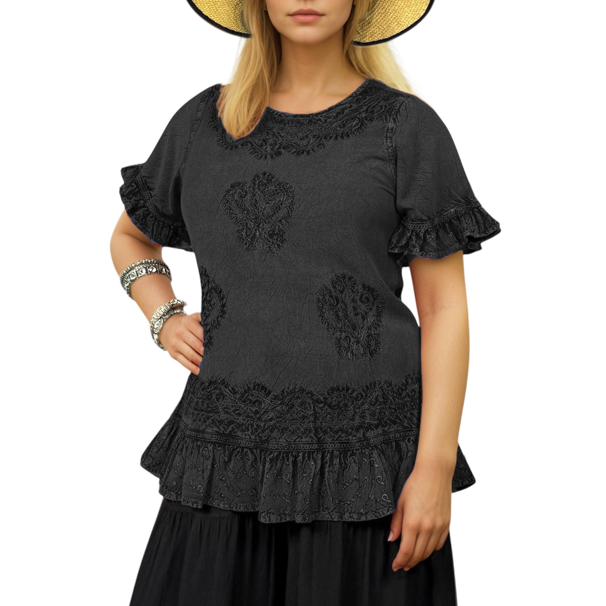 Agan Traders 2025 Summer Medieval Vintage Boho Round Neck Embroidered Tops - Casual Back Tie Short Sleeve Women's Blouses