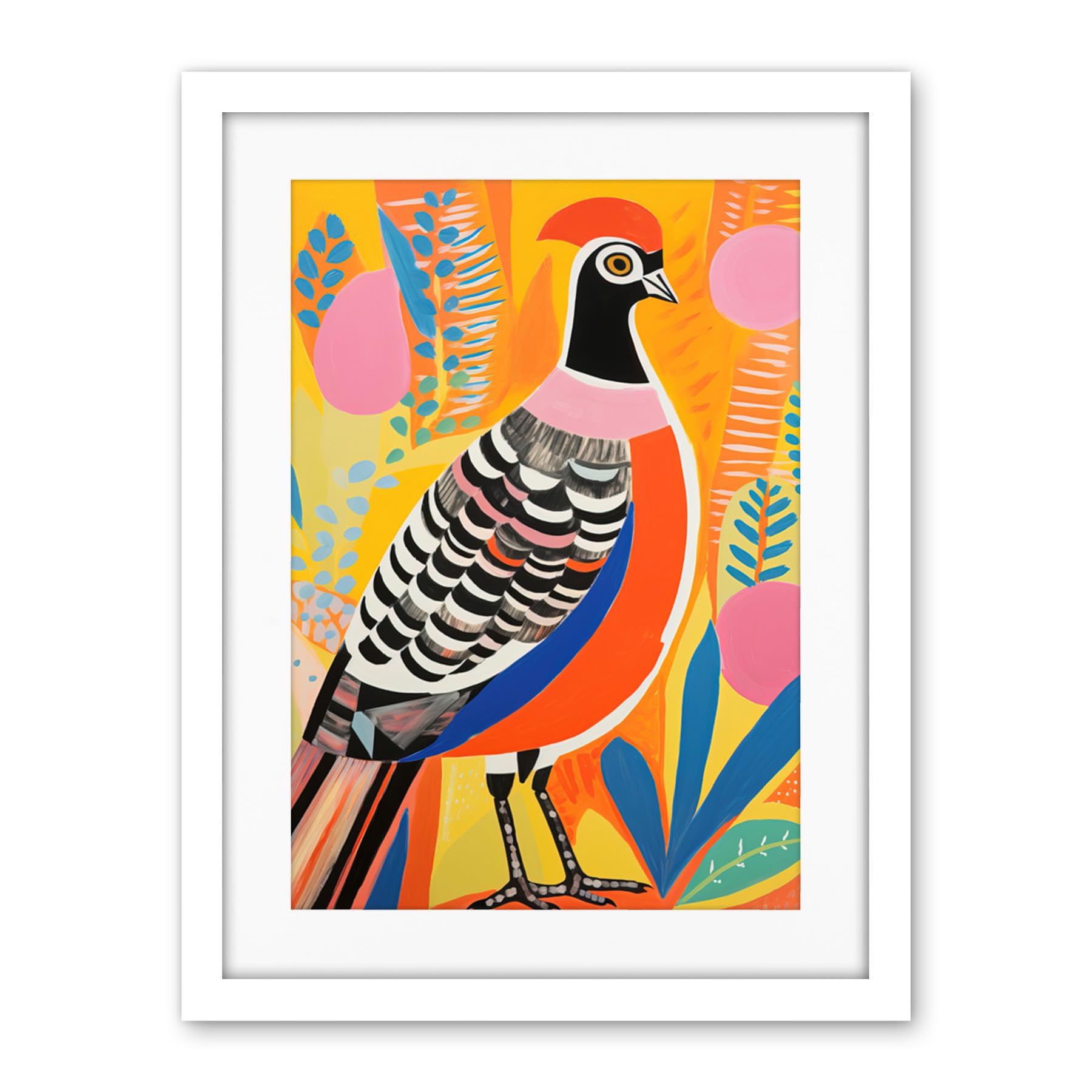 Artery8 Pleasant Pheasant Bright Bold Vibrant Colourful Grassland Acrylic Painting Artwork Orange Pink Blue Folk Art Artwork Framed Wall Art Print 18X24 Inch