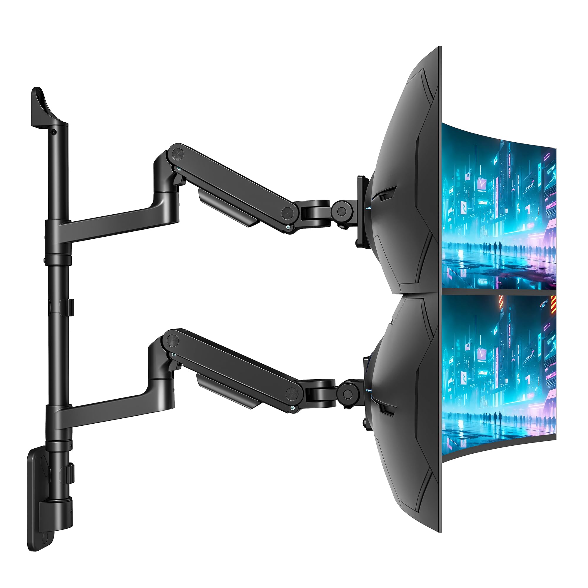 ARES WING Supporto da parete per 2 monitor Ultra Wide 17-49",Nero | 20 kg/braccio, molla a gas PC, monitor Hatlert, parete completamente regolabile, per ufficio e giochi, VESA 75/100