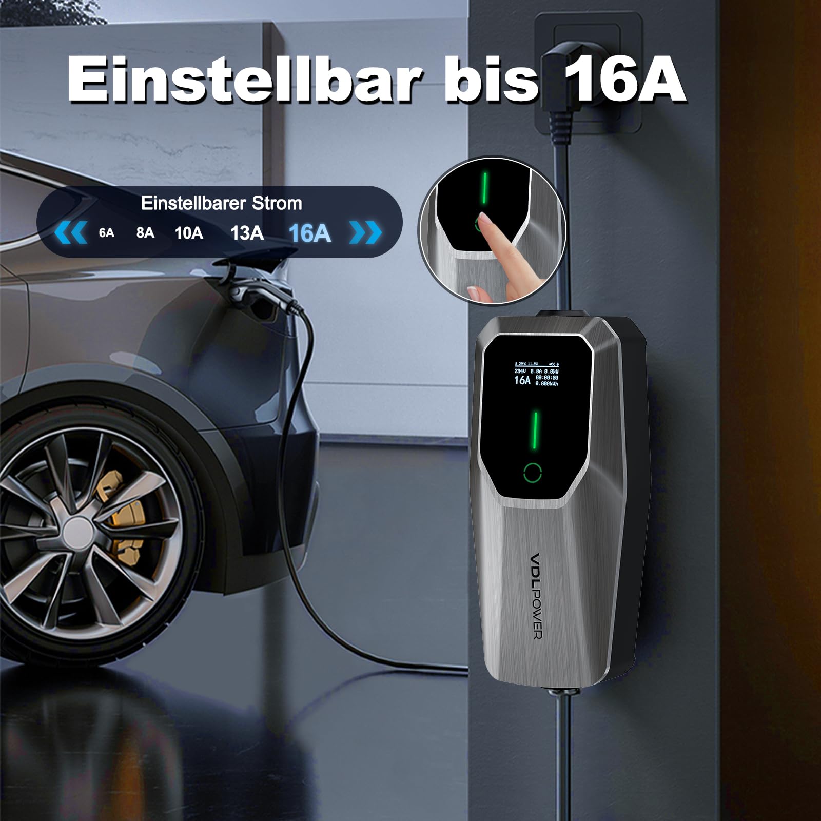 Chargeur Voiture Electrique,11KW EV Chargeur Type 2,Câble Type 2 Schuko,Courant réglable [3-phasé][6-16A],Câble de Charge 5M,IP65 étanche,Temps de Charge réglable[30Min-5H]