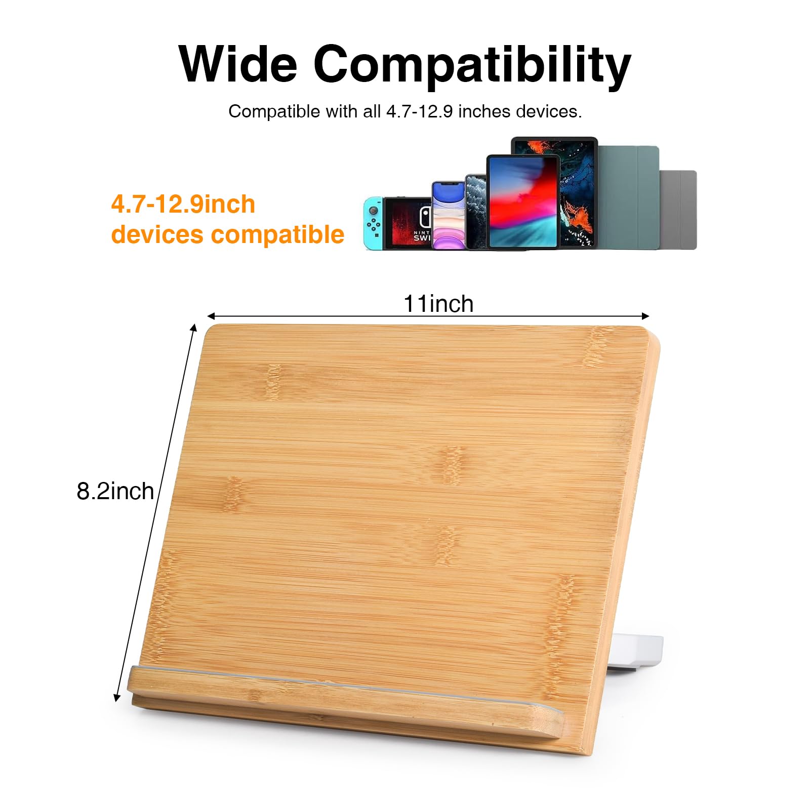 Supporto universale per tablet, 11 x 20,8 cm, compatibile con tablet e telefoni da 4,7 a 12,9 pollici, in legno di bambù