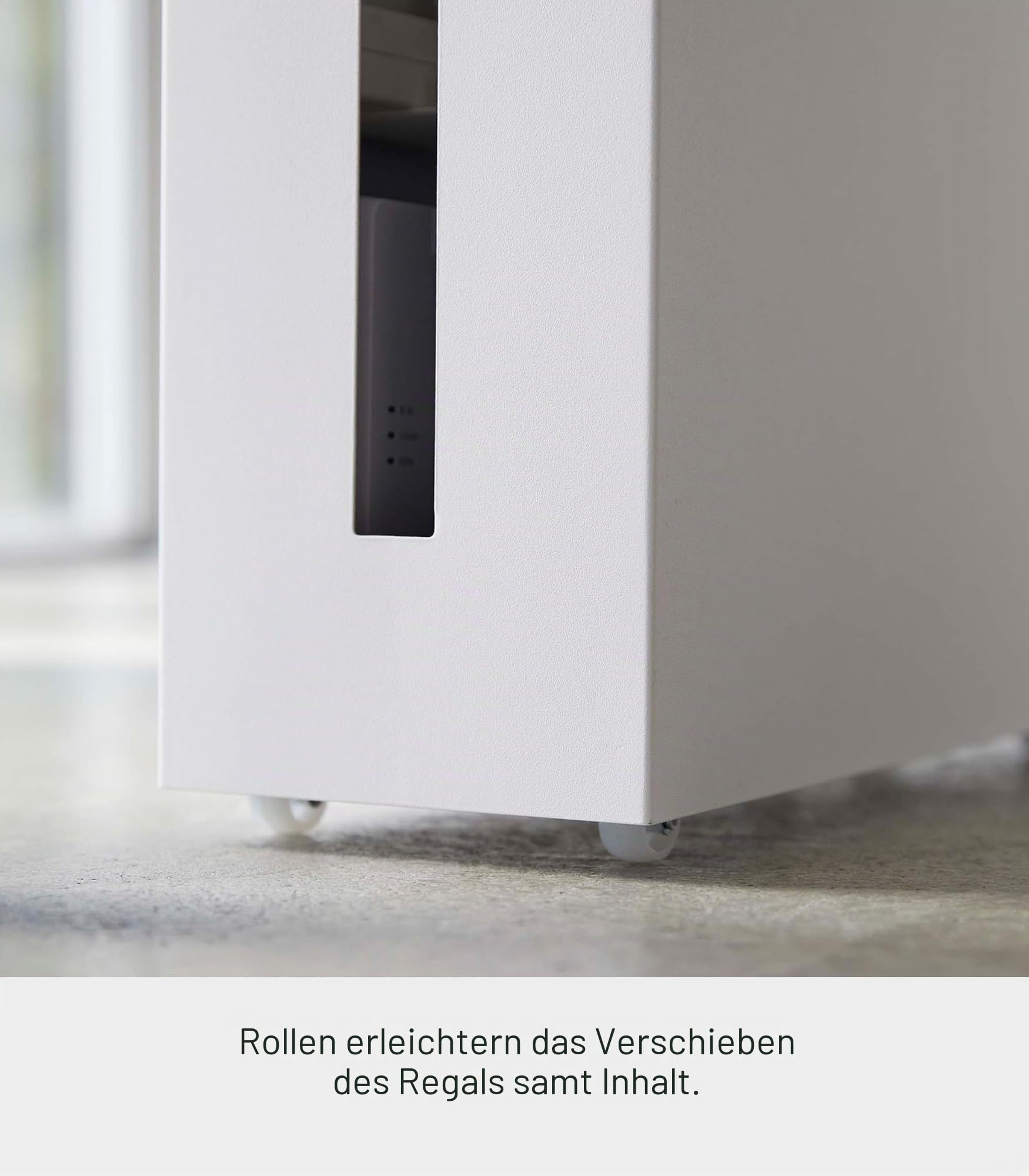 YAMAZAKI TOWER Kabelbox mit Rollen aus Stahl - mit Belüftungslöcher, Ablage für Steckdosenleiste - 40 x 15 x 34,5 cm, japanisches Design, weiß