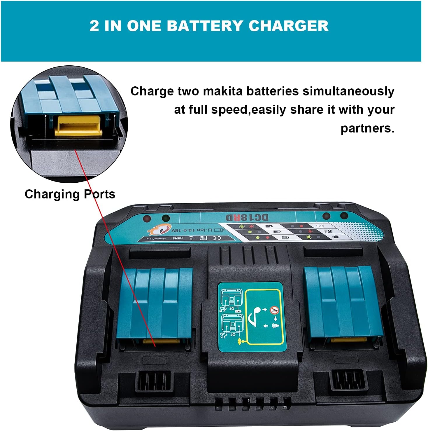18V DC18RD Dual Ports Battery Charger for Makita 14.4V-18V LXT Lithium-Ion Battery BL1415 BL1430 BL1830 BL1840 BL1850 BL1850B BL1860B BL1860 BL1815 - Image 3