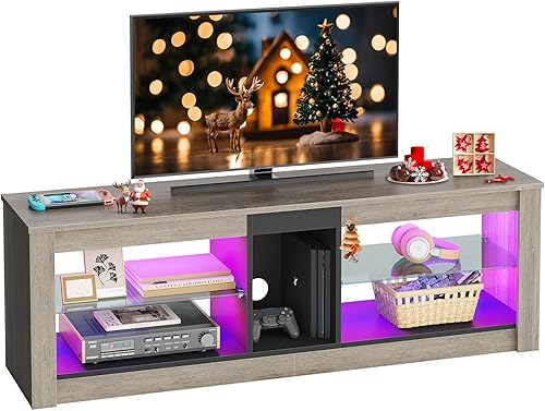 Miniatura 15 de Bestier soporte RGB para televisión de más de 65 pulgadas, centro de entretenimiento para videojuegos, consola LED con 2 estantes de vidrio, para
