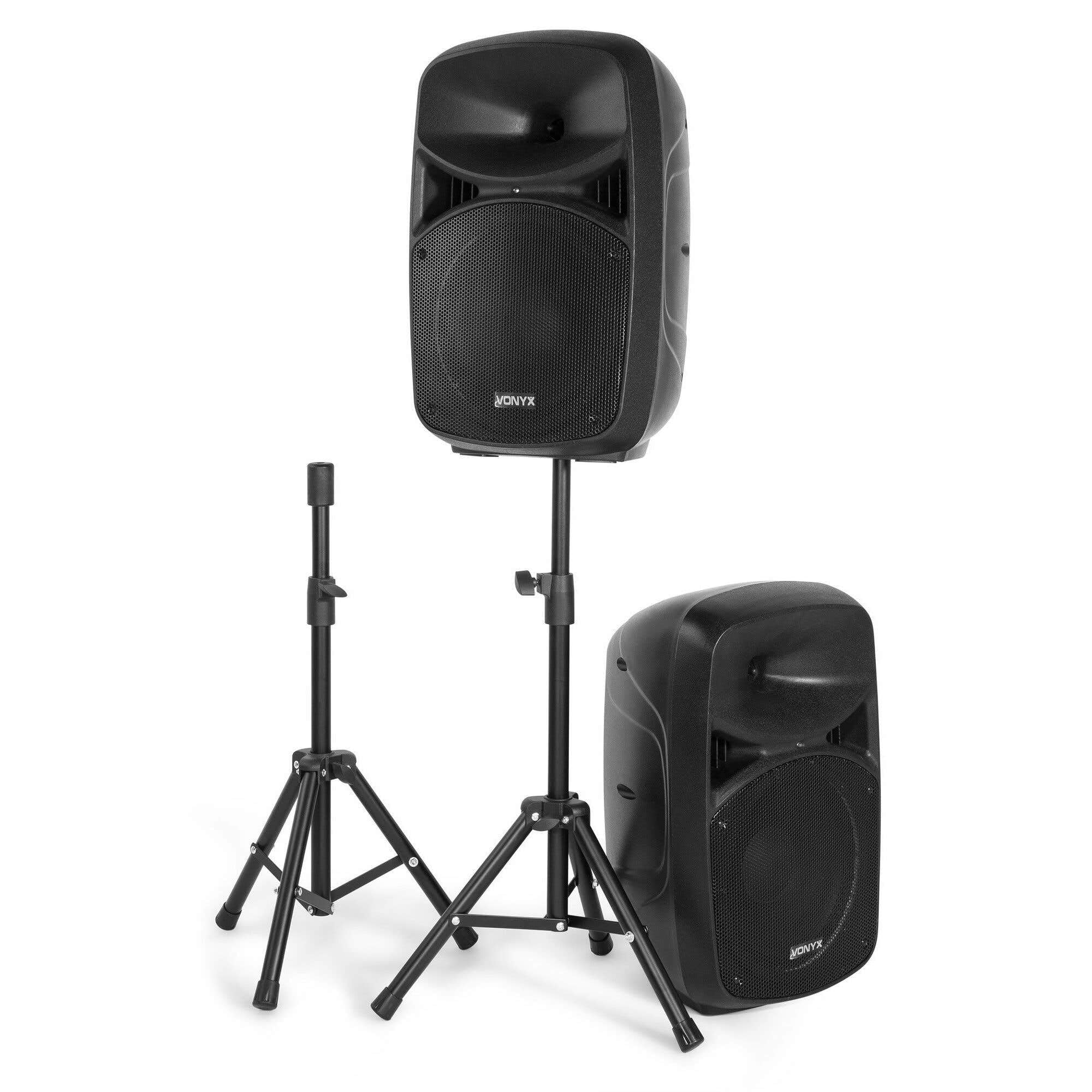 IMPIANTO AUDIO COMPLETO SET CASSE AMPLIFICATE 600W 10" DIFFUSORI KARAOKE BLUETOOTH + 2 STATIVI + MICROFONO + TELECOMANDO E CAVI