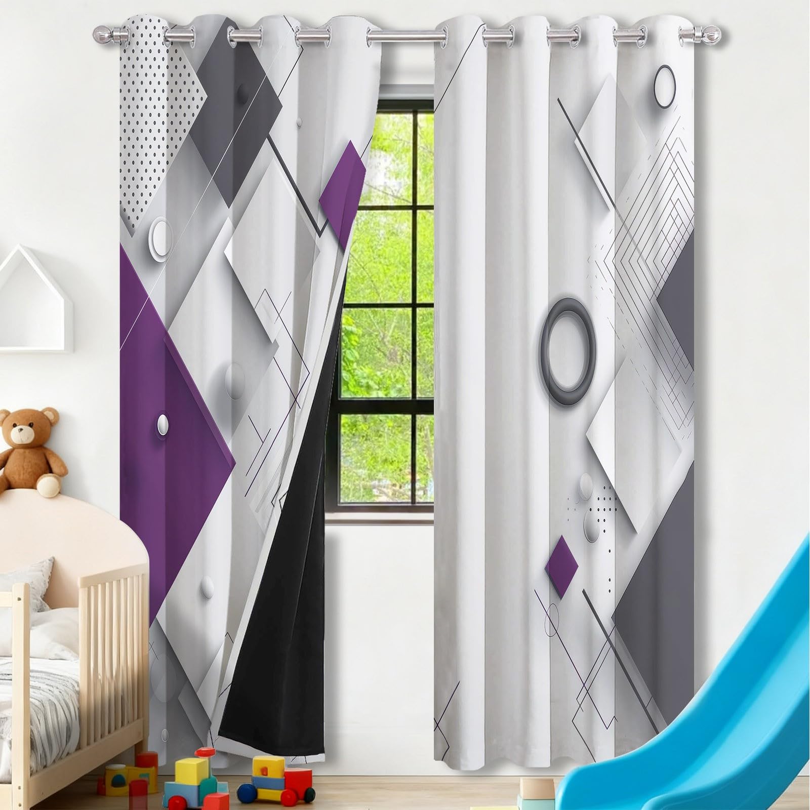 Rideaux Occultants Isolants Anti-Froid 91.5L X 160H cm (2 Panneaux), Design Géométrie Minimaliste Moderne, Tenture à Œillets Opaque pour Salon et Chambre, Gris Violet