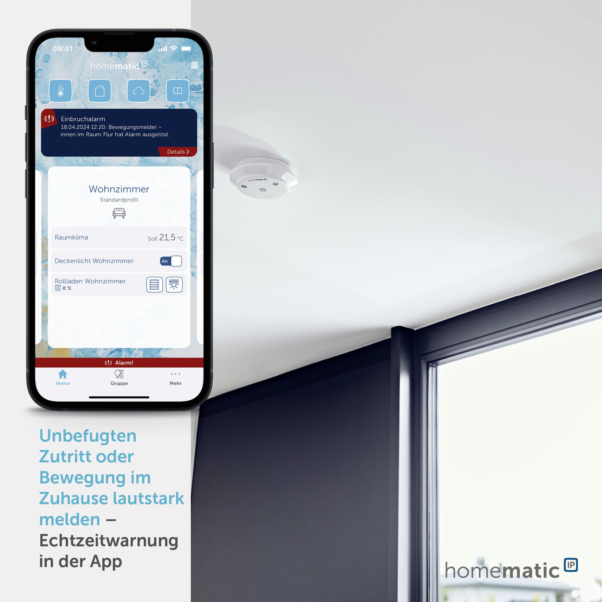 Homematic IP Starter Set Alarm, Smart Home, digitaler Fenstersensor, Bewegungsmelder, Funk-Innensirene mit App-Funktion warnt hörbar, sichtbar, per Push-Nachricht, smarte Alarmlösung, 153348A0