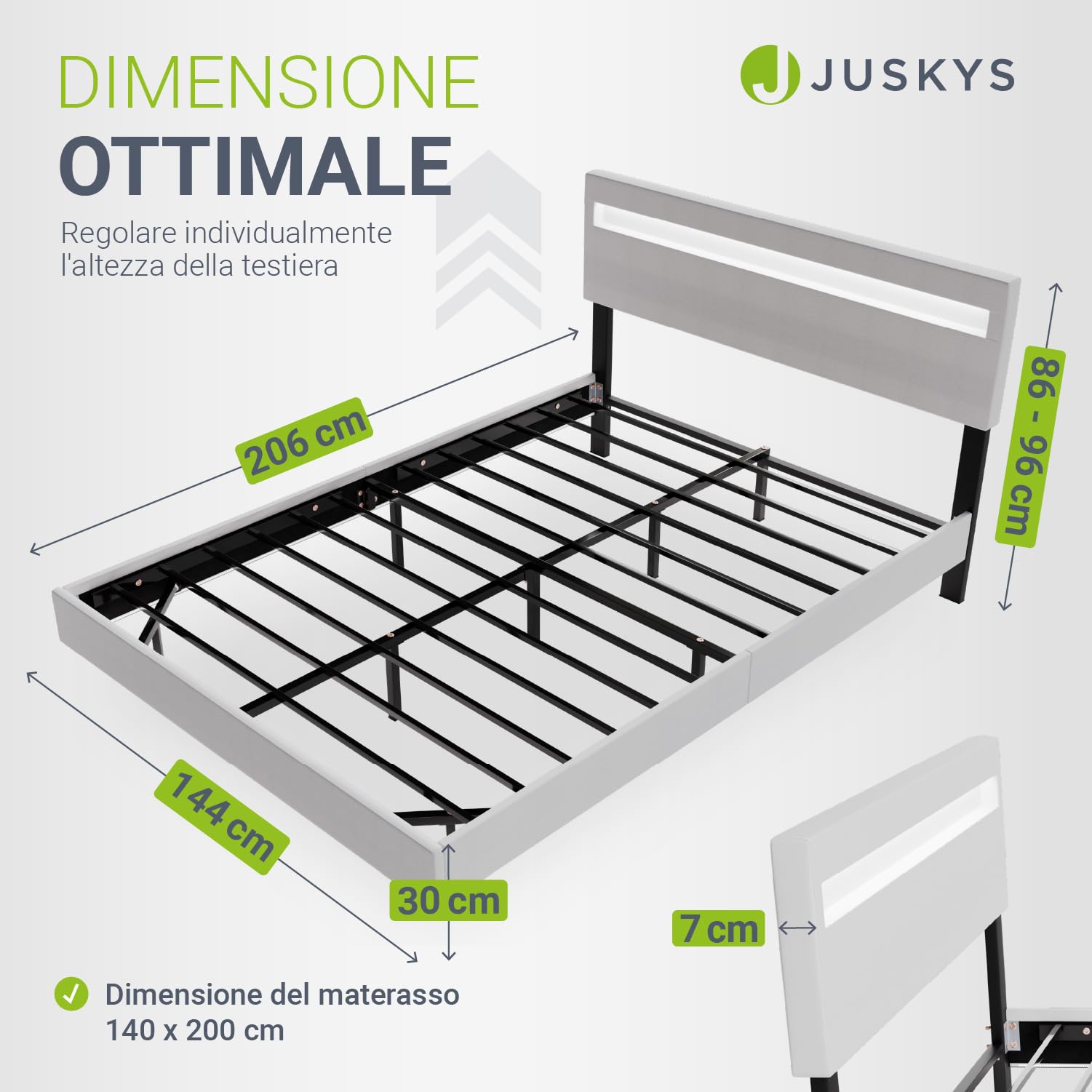 Juskys Letto sospeso Lissabon 140x200 cm con LED, rete e testiera – Design moderno in legno e similpelle – Matrimoniale – Colore bianco