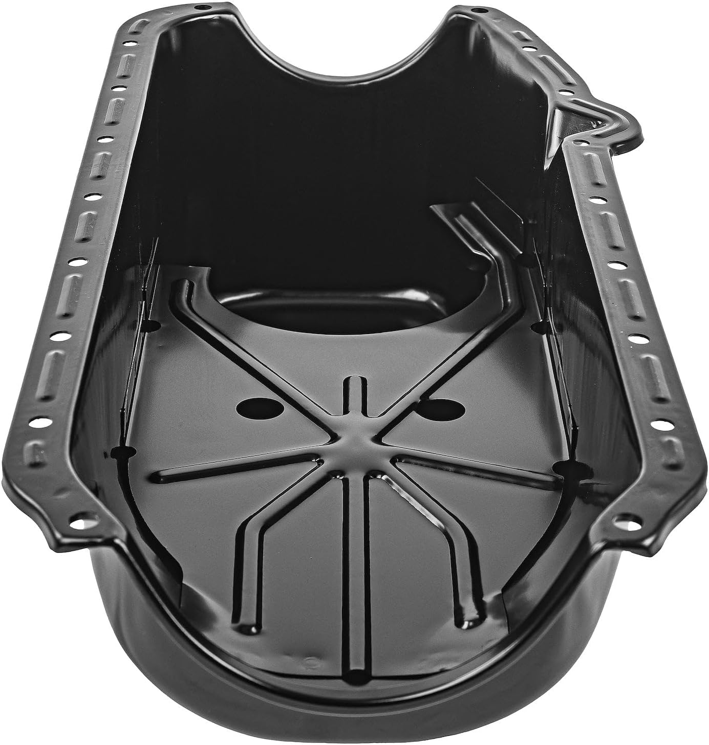 JEGS Stock Replacement Oil Pan | Fits 1955-1979 Small Block Chevy Engines | 4 Quart Capacity Plus Filter | Attaches With 18 Bolts | Black Steel