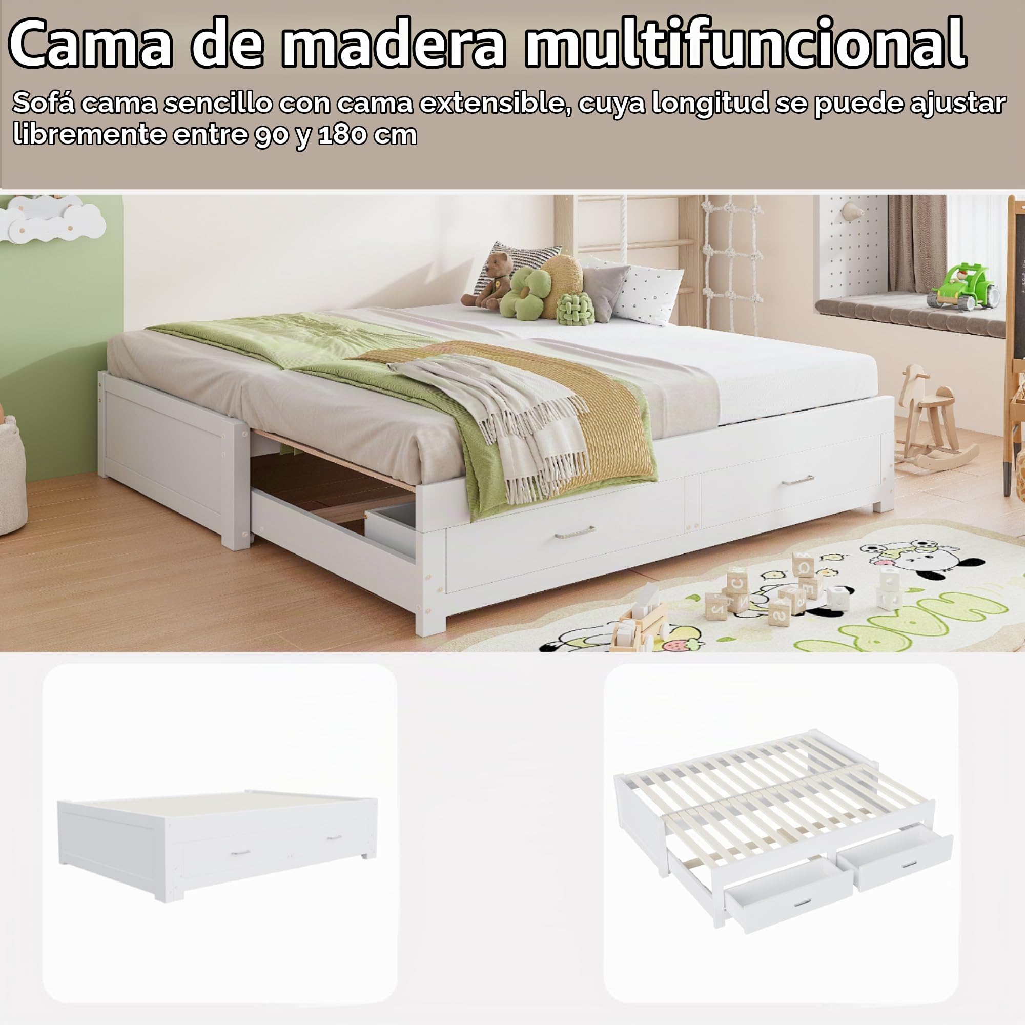 Soweiz Sofá cama extensible de madera, 90/180 x 190 cm, con dos cajones, sin reposabrazos ni respaldo, cama de invitados con somier (blanco)