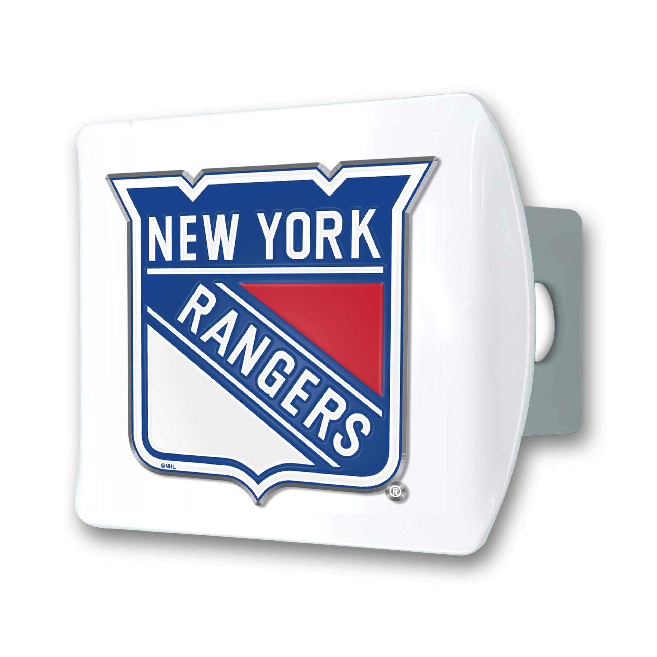 FANMATS 43898 NHL - New York Rangers Color Hitch Cover - White with Metal Chrome 3D Logo Emblem – Easy Installation on Truck, SUV, Car - Ideal Gift for Die Hard NHL Fan
