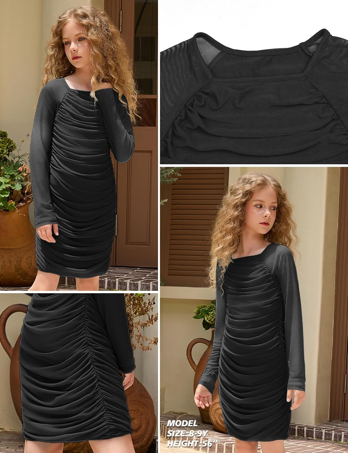 Perfashion Girls Bodycon Dress Teen Mesh Long Sleeve Formal Homecoming Ruched Tight Pencil Dresses Fancy Party 4-13Y - Image 5