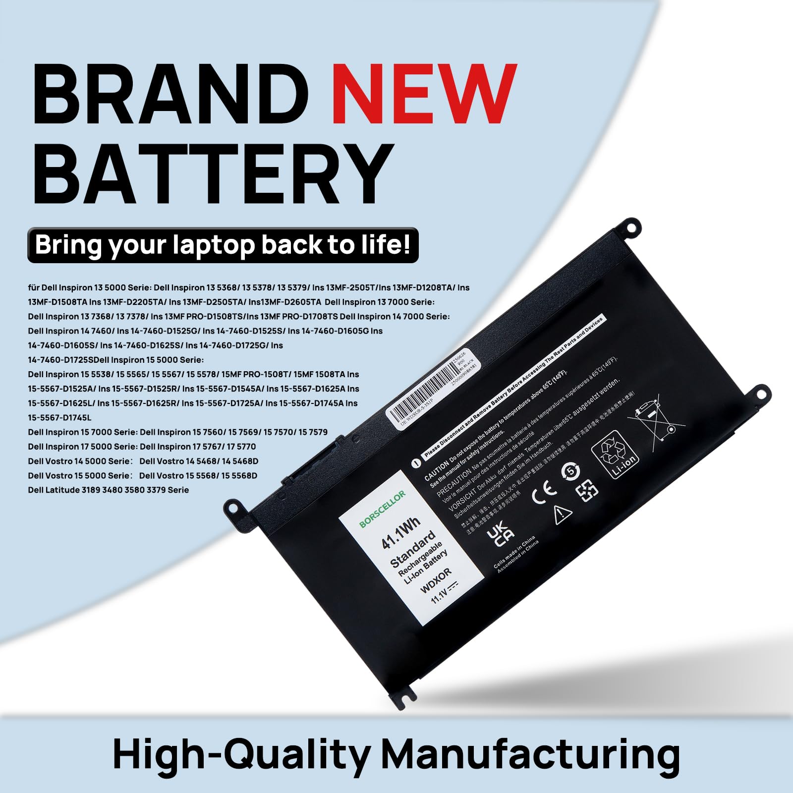 WDX0R WDXOR - Batteria per PC portatile Dell Latitude 3480 3580 3189 3379, Inspiron15 5565 5567 5568 5578 5579,7560 7570 7573 7579, Vostro 5468 568 CRH3 TT. 2JX4 FC92N 11.1v 41.1Wh