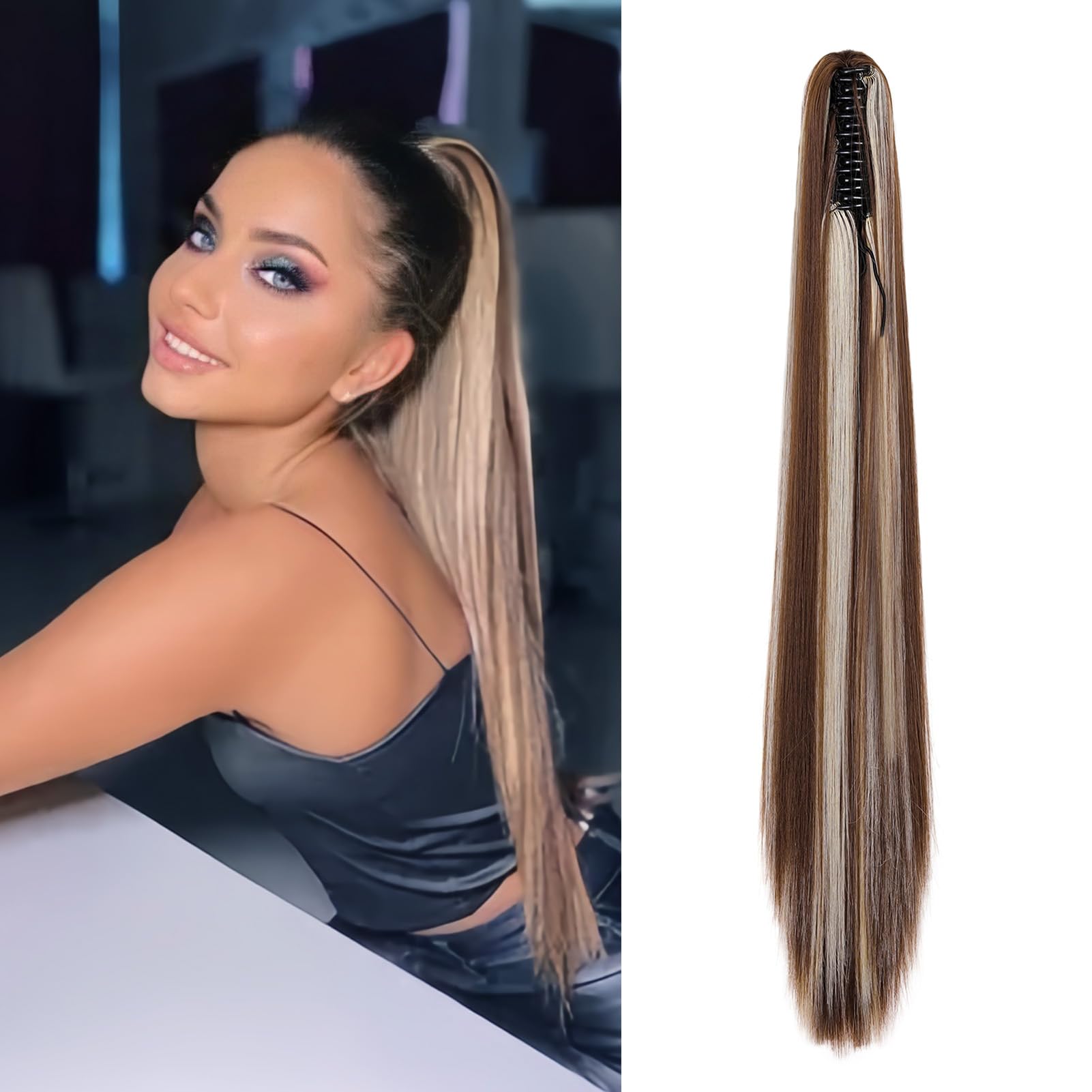 Cybelleza 22inch Ponytail Hair Extensions Ponytail Claw Jaw on Long Straight Pony Tails Clip in Hair Extensions Synthetic Hair pieces for Women (Chestnut Brown & Bleach Blonde)