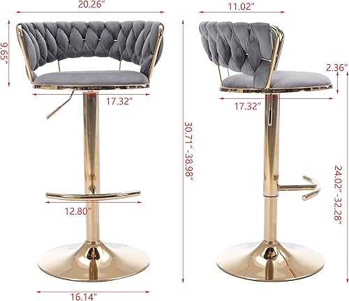 Miniatura 34 de Juego de 2 taburetes de bar tejidos de terciopelo, taburetes de cocina de altura ajustable, silla de isla, sillas de bar giratorias de 360°, chasis