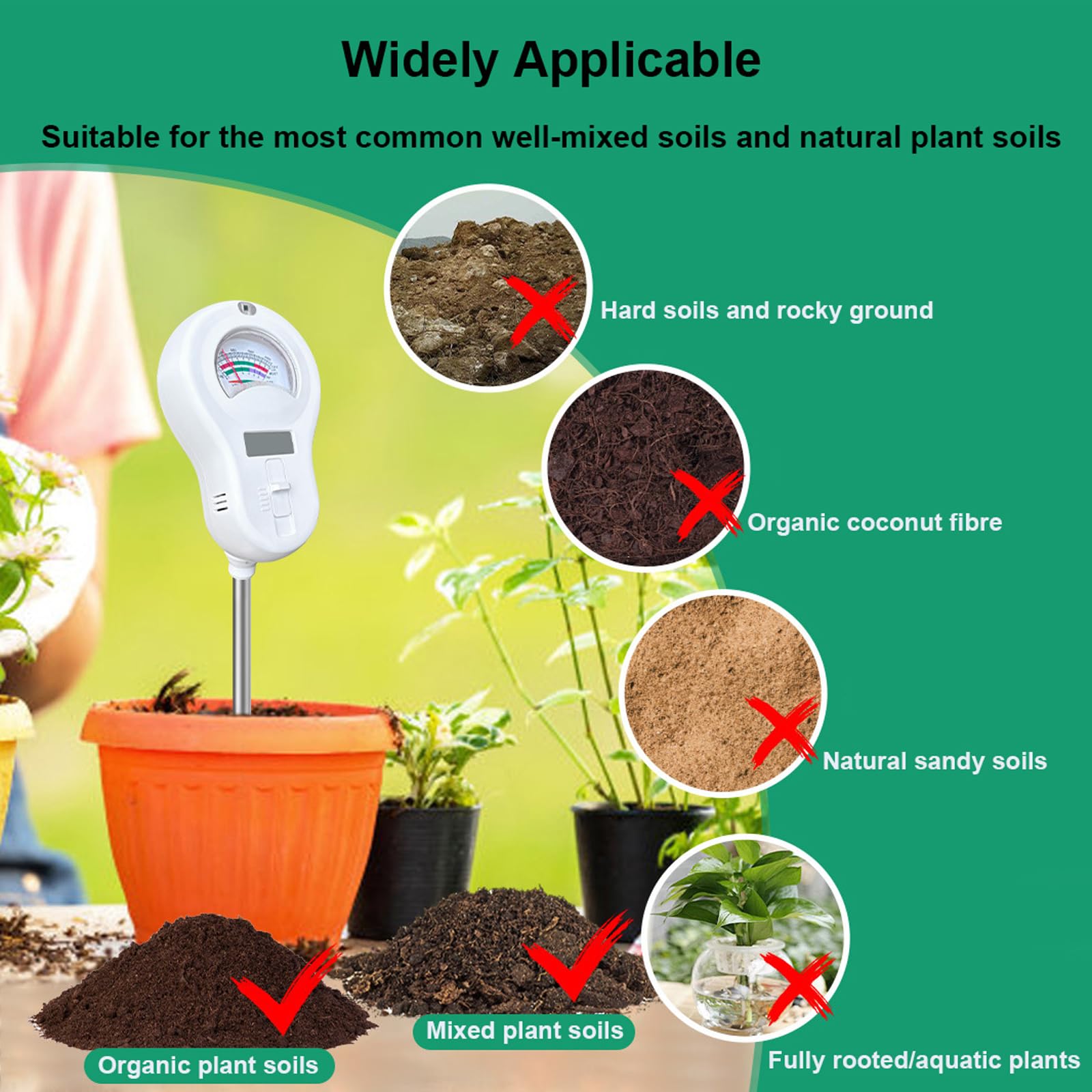 Generico 6-in-1 Analizzatore del Terreno, Misuratore di umidità/Misuratore di PH/Fertilità/Intensità della Luce Solare + Display LCD Ruotabile A 90° Igrometro/Termometro per Piante, Giardini