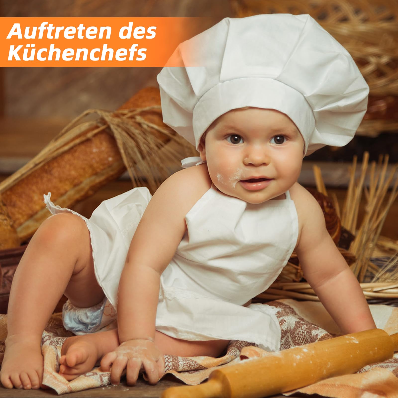 Weiße Baby-Kochmütze und Schürze, Babyschürze und Kochmütze für kleine Köche von 8–24 Monaten, Mini-Schürze als Fotografie-Requisite für Neugeborene, Kleinkinder