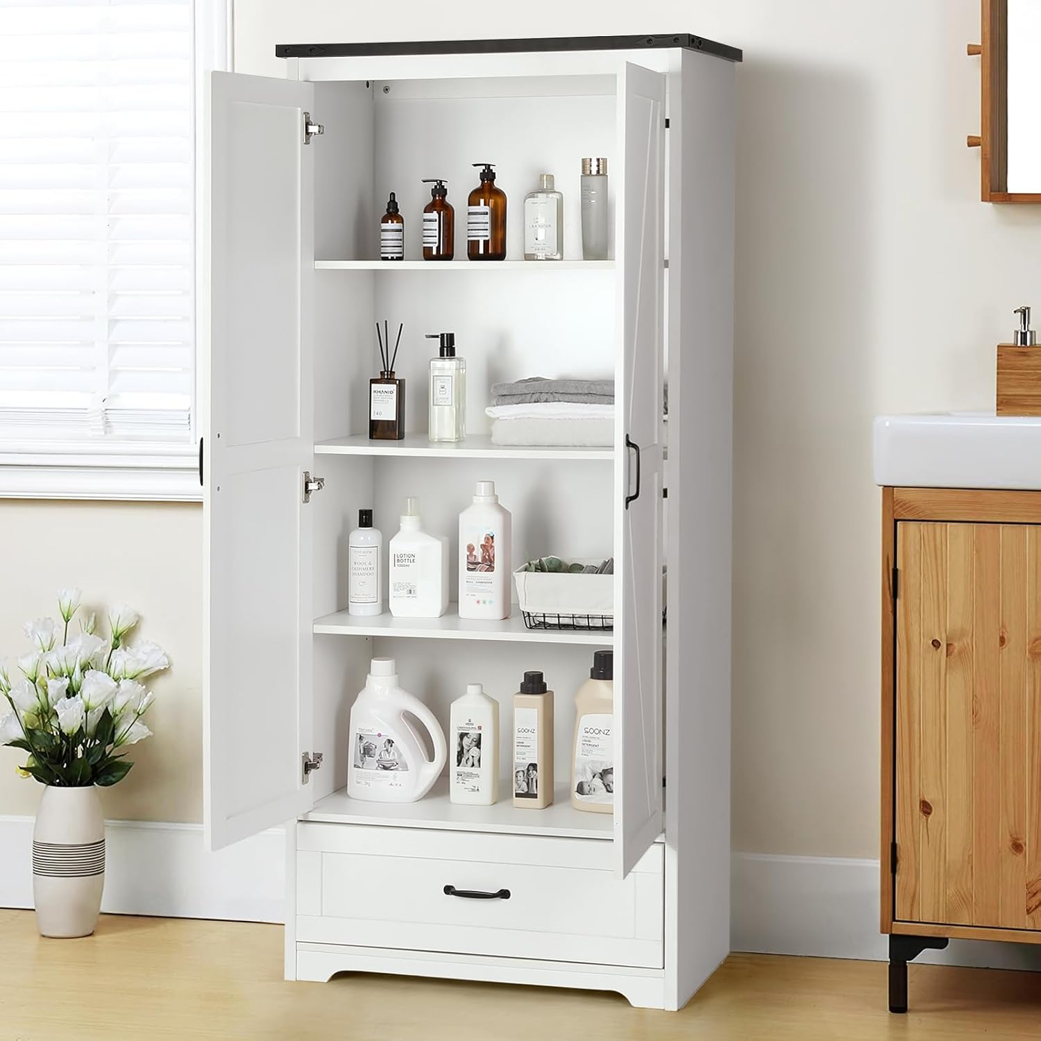 VOWNER 71" Tall Kitchen Pantry with Adjustable Shelves, Large Wood Storage Cabinet with Drawer & 2 Barn Doors, Versatile Modern Farmhouse Storage Cabinet for Kitchen, Dining Room, Living Room, White