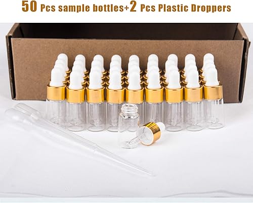 Miniatura 6 de Easeen 50 botellas con cuentagotas de muestra, 0.11 onzas líquidas transparentes con 2 cuentagotas de plástico para viajes, aceites esenciales,