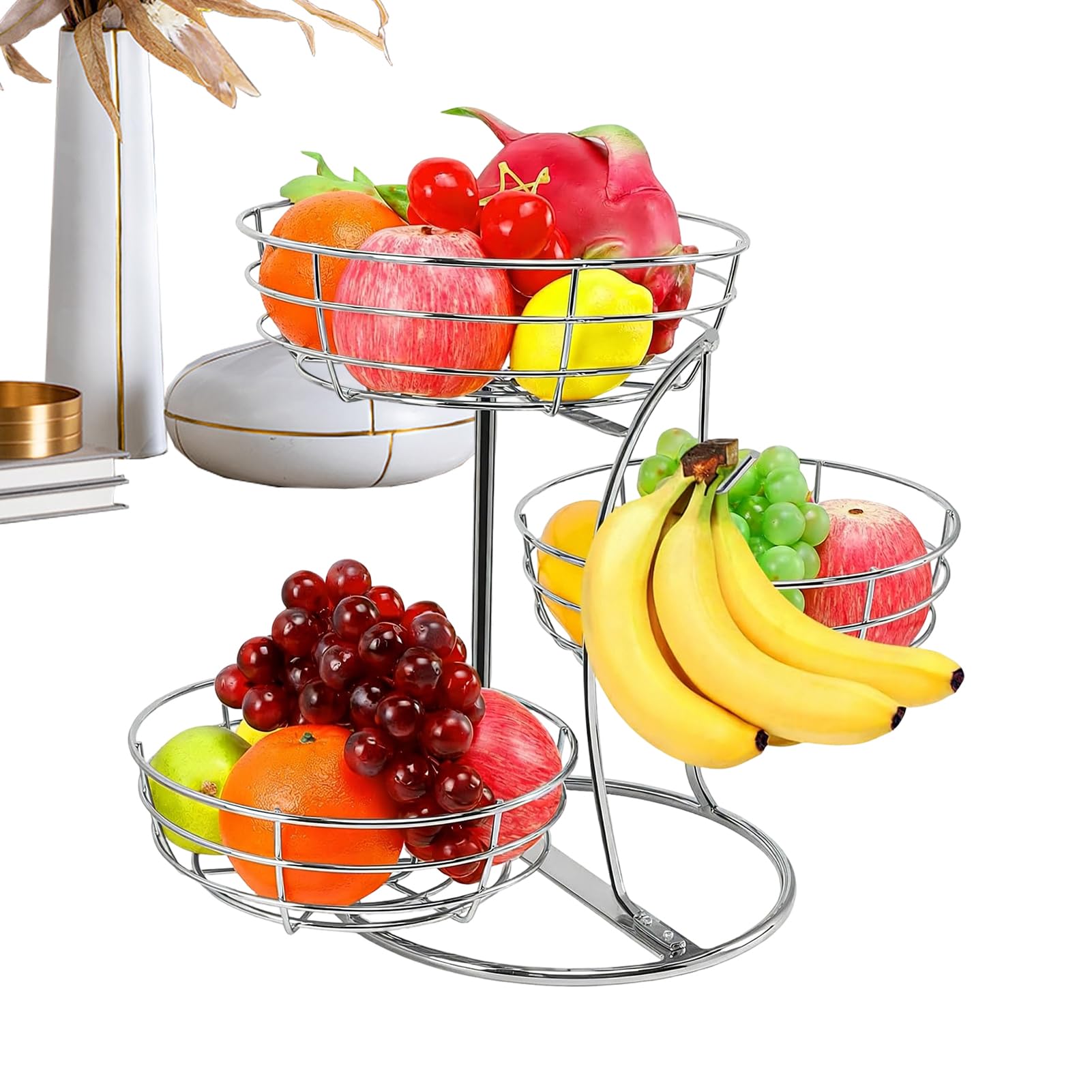 Genérico da piano di lavoro, 3 ripiani in acciaio inox con gancio per banane, scaffali per frutta per piano di lavoro della cucina, per casa, appartamento, verdure, cipolle, pane, snack, prodotti