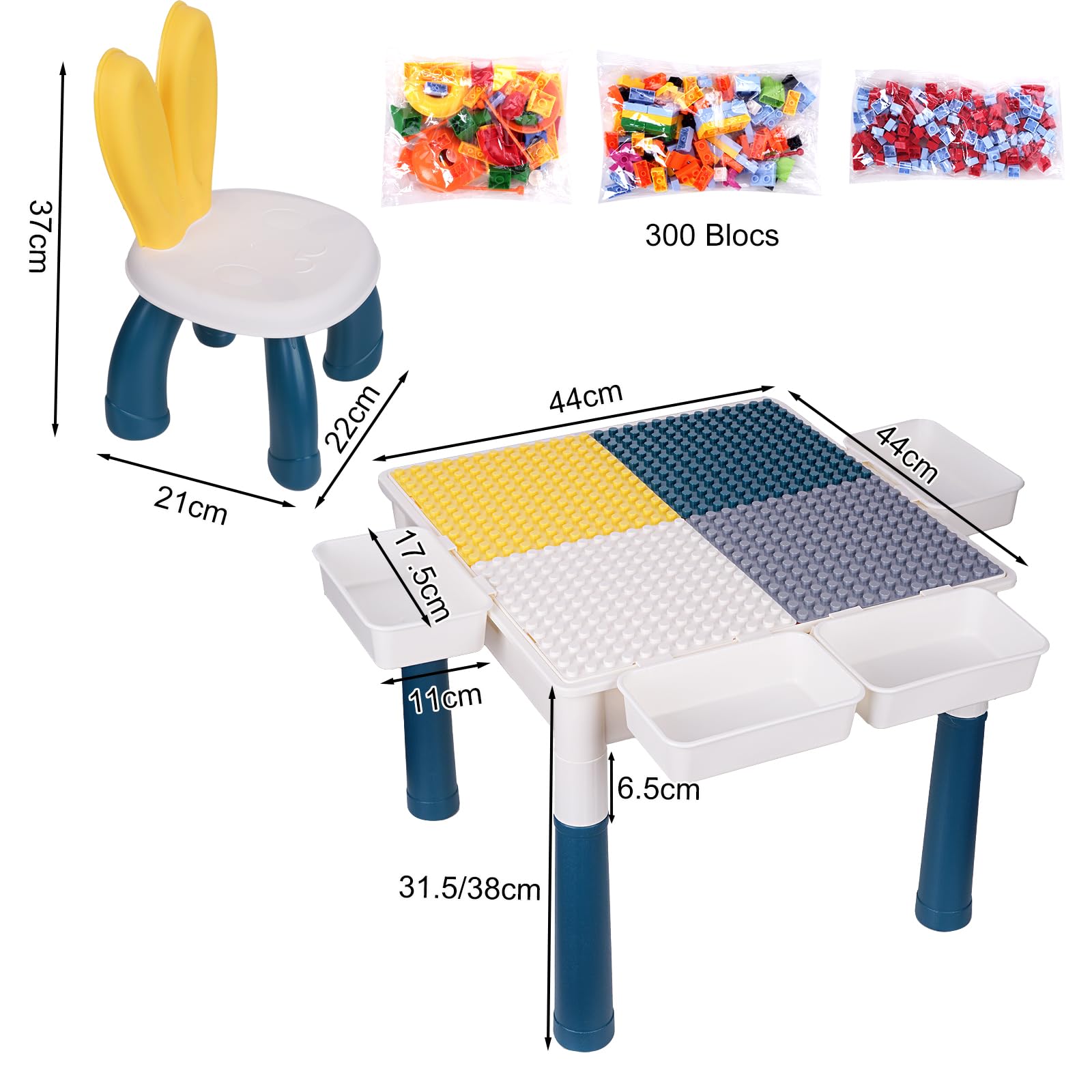 Table de Construction Multifonctionnel pour Enfant avec Chaise pour Bébé, Hauteur Réglable, Plateau Double Face, Table de Jeu et d'Études (avec 300 Blocs de Construction)
