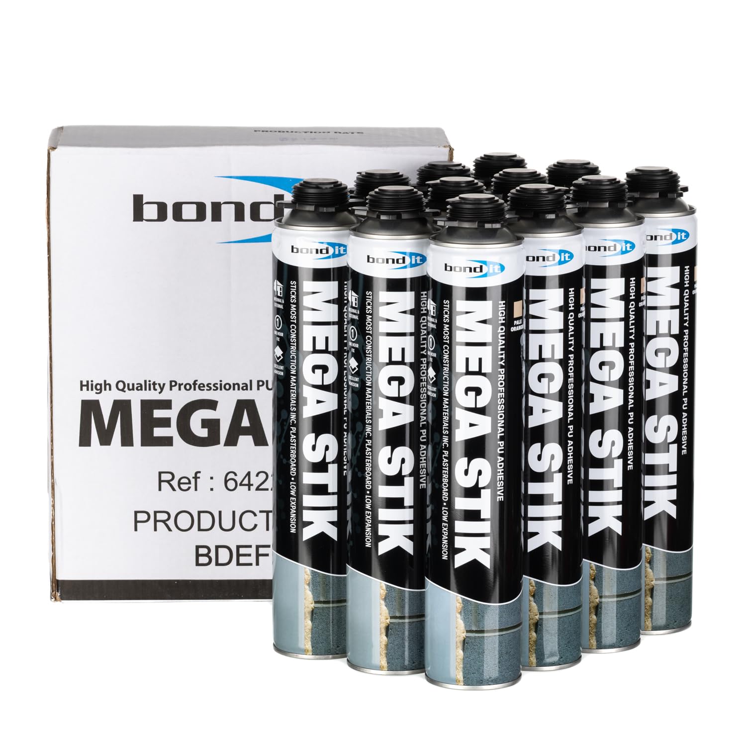 Bond It Mega Stik PU Adhesive Foam 750ml, 12 Cans