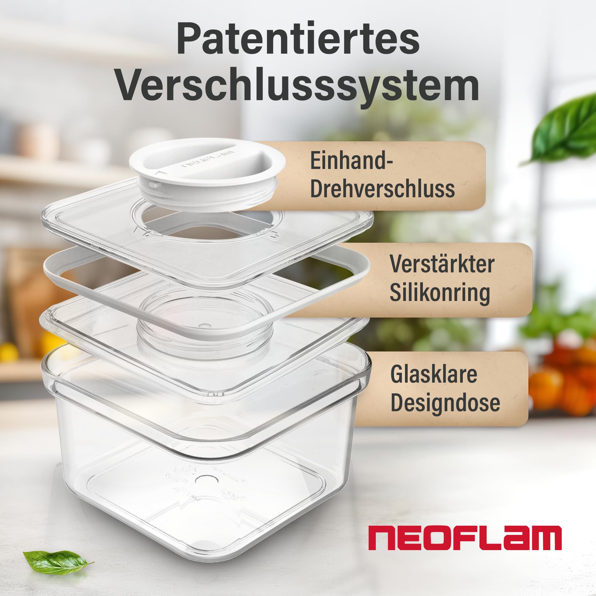 Neoflam® Set di 4 contenitori ermetici con coperchio e chiusura a vite con una sola mano, senza BPA, contenitori salvafreschezza per la conservazione degli alimenti, coperchio trasparente, ciascuno da