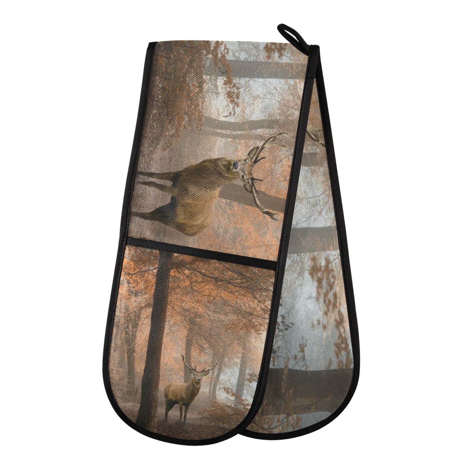 Double Oven Glove Forest Tree Deer Heat Resistant Double Ovens Mitt Modern Cooking Gloves Potholders