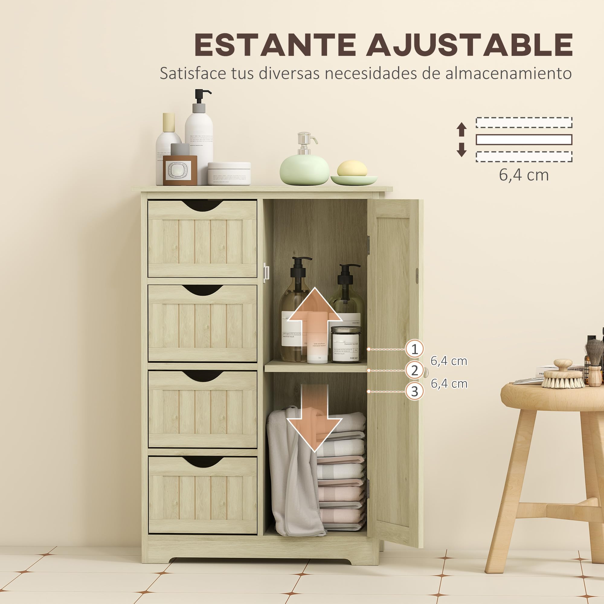 kleankin Armario de Baño Mueble Auxiliar Baño con 4 Cajones 56x30x83 cm | Estante Ajustable, Estilo Moderno, para Espacios Pequeños, Estrecha, Madera Natural