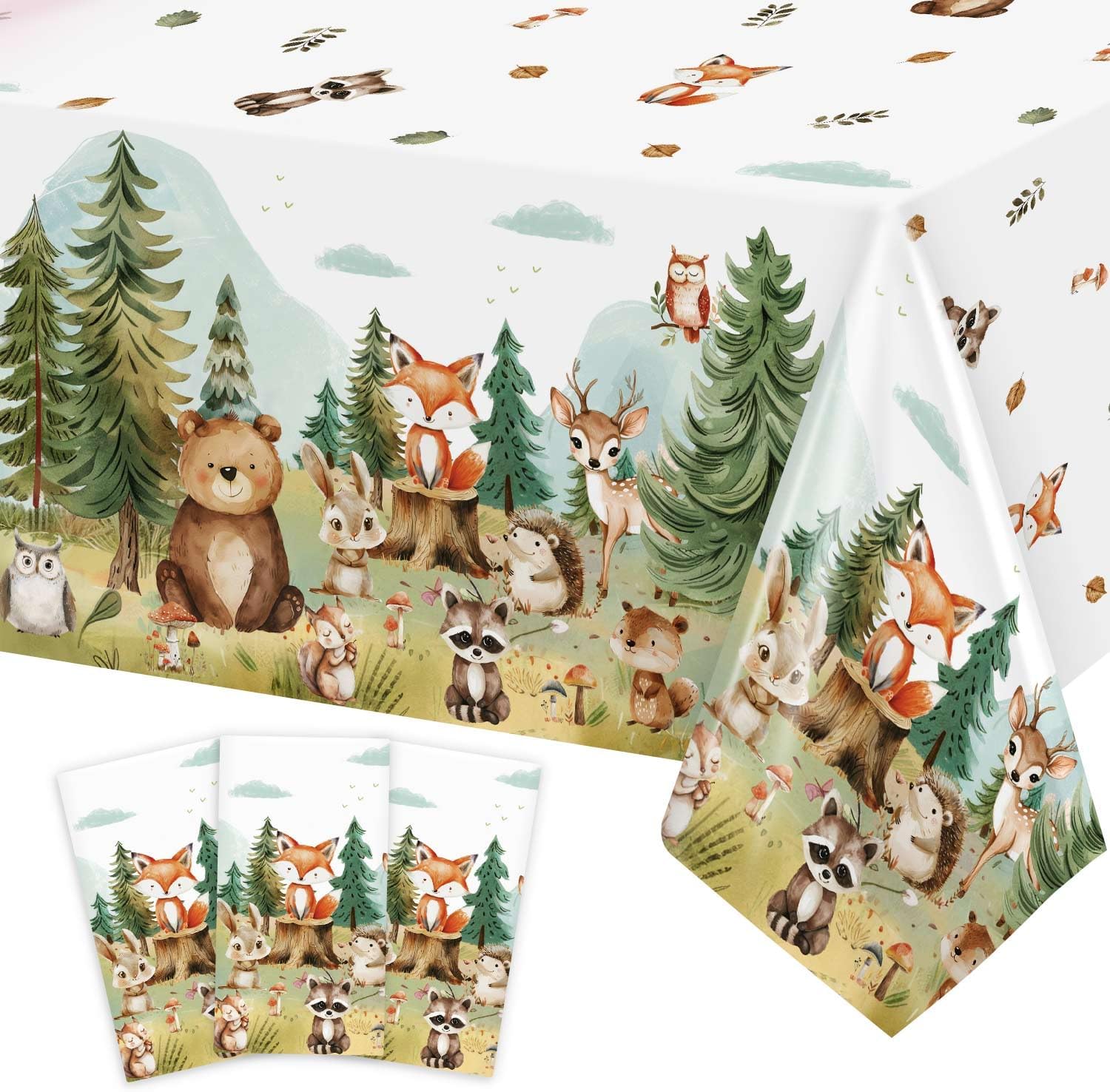 Caisehabu 3Pcs Woodland Baby Shower Decorations Tablecloth, Baby Boy Large Size 54 x 108 Inch Rectangular Plastic Table Cloth Forest Animals Mountain Wilderness Theme Decor