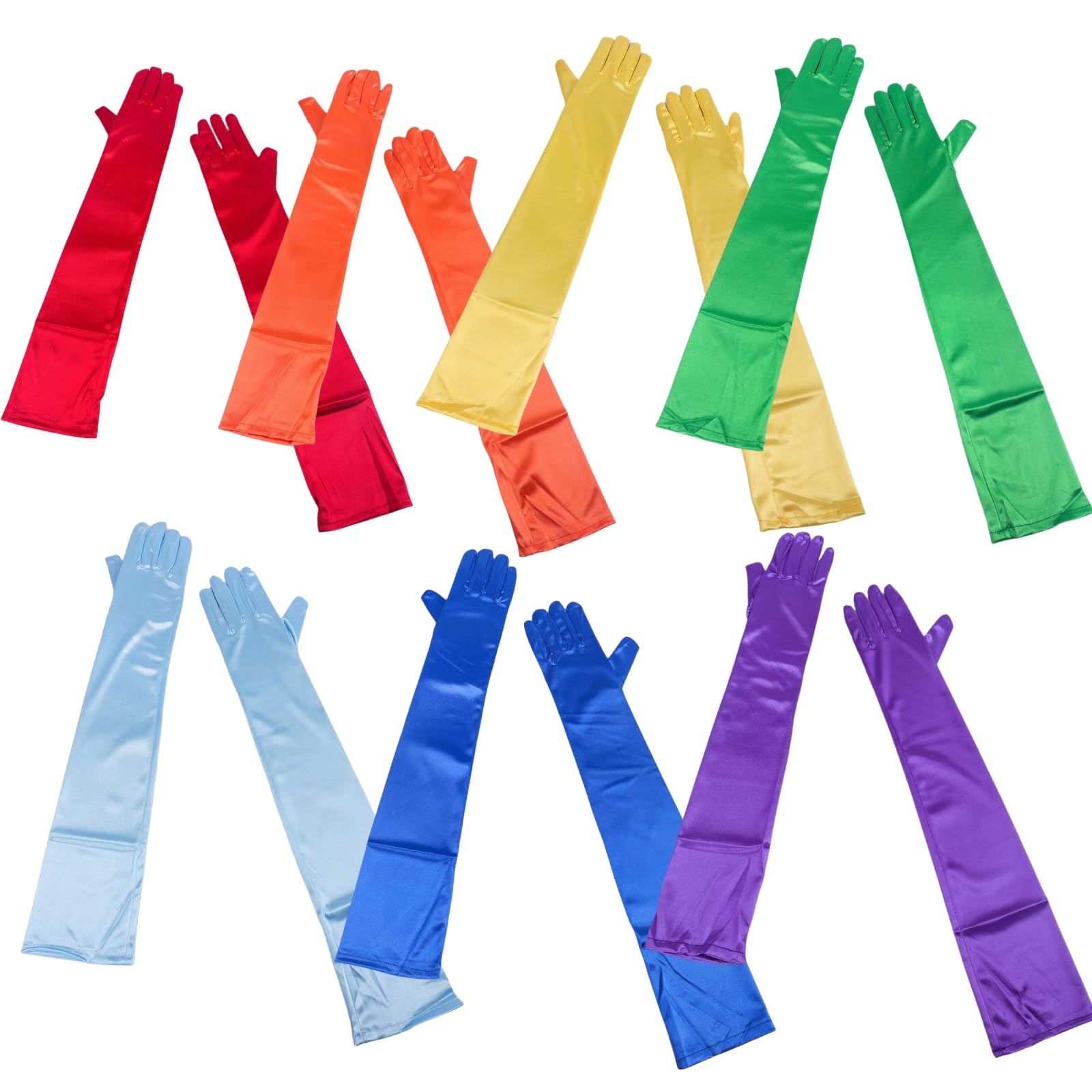 2/7 guantes largos para mujer, color arcoíris, longitud 55 cm, elegantes, de satén, para fiestas