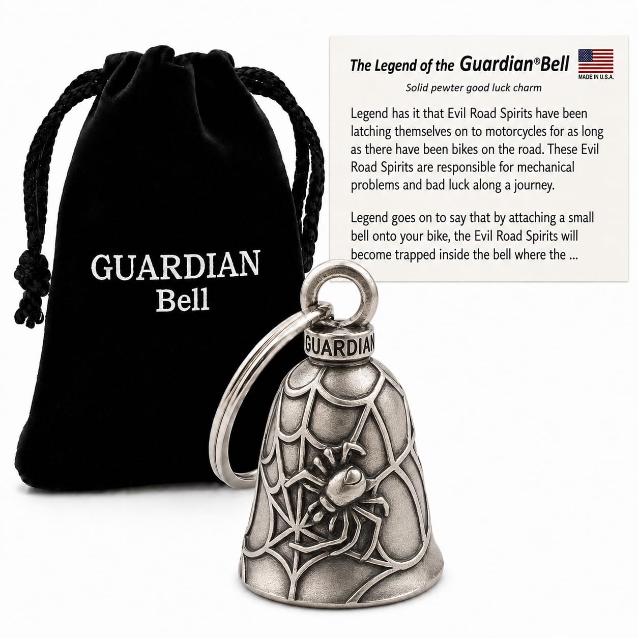 Guardian Bell Animals Good Luck Bell w/Keyring &amp; Black Velvet Gift Bag | Motorcycle Bell | Lead-Free Pewter | Made in USA