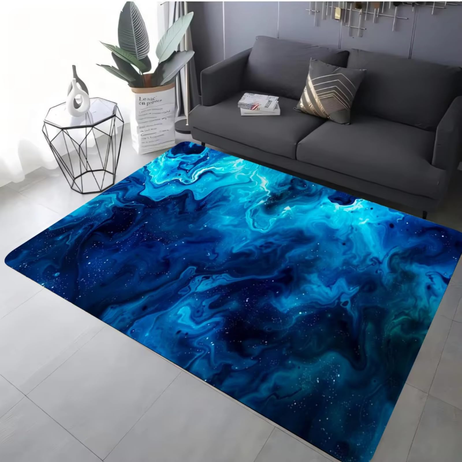 Tapis décoratif moderne bleu art fluide doux au toucher 140x200