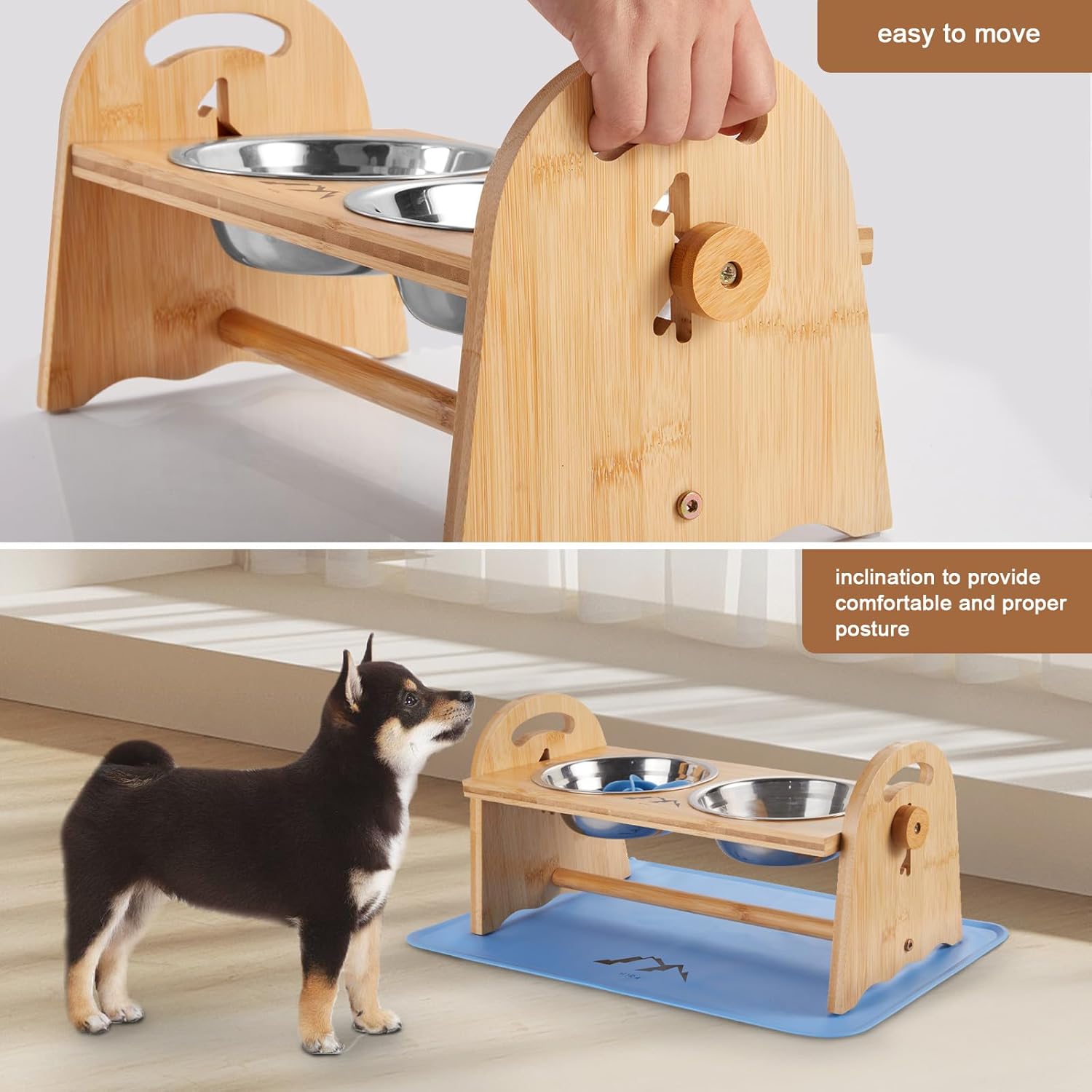 M1R4 Blue Elevated Dog Bowls Set, Adjustable Raised Dog Food Bowl Stand, 2 Stainless Steel Bowls, Silicone Waterproof Mat, Suction Slow Feeder, Durable Bamboo Stand, for Small/Medium Dogs and Cats
